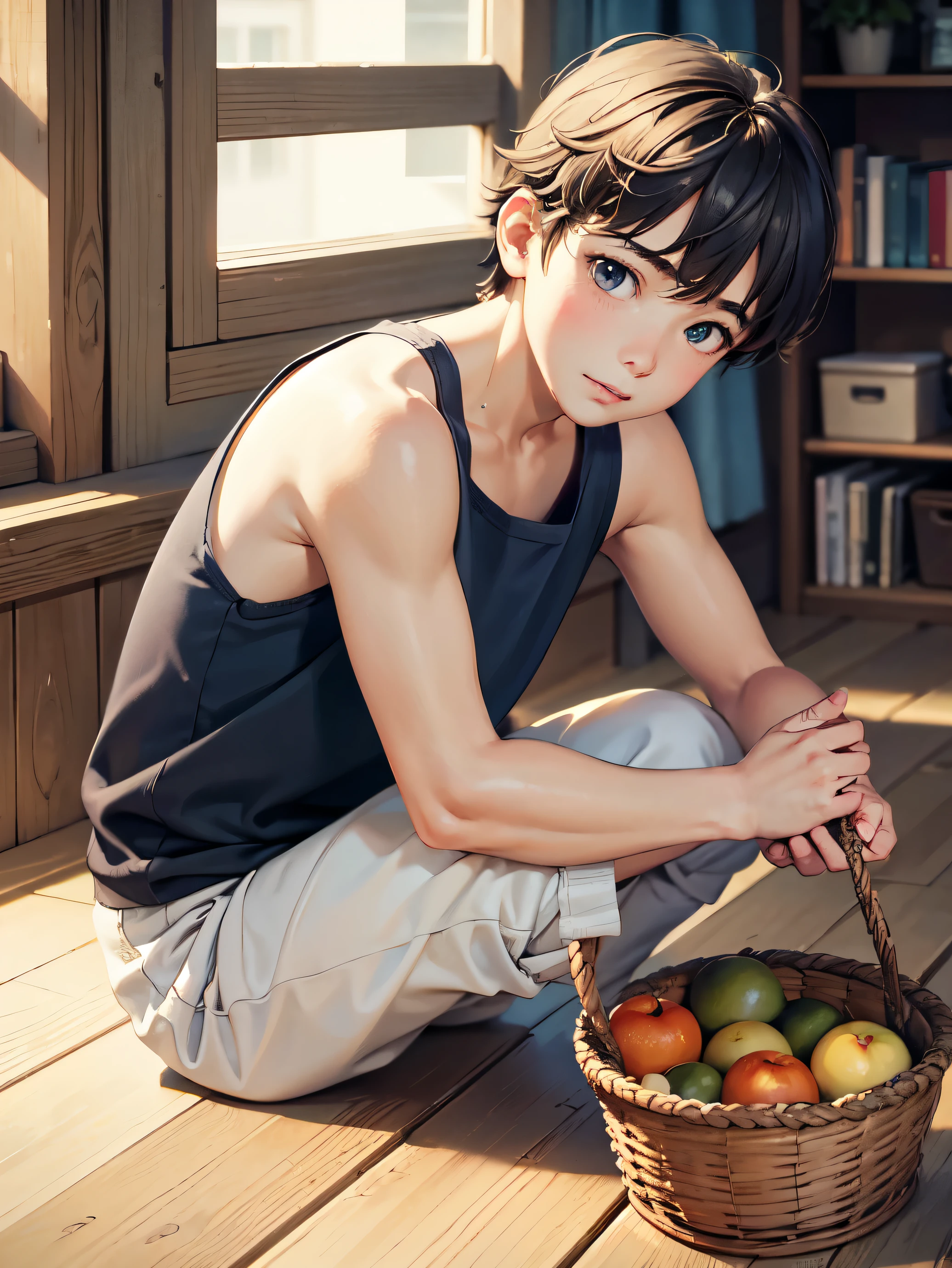 highres,Masterpiece, Best quality at best,Best Quality,hight quality, hight detailed, realistic, photorealistic, Anime style, 1boy, Little Boy, indoor, Cheerful boy, basket uniform,Tank Tops, boy focus