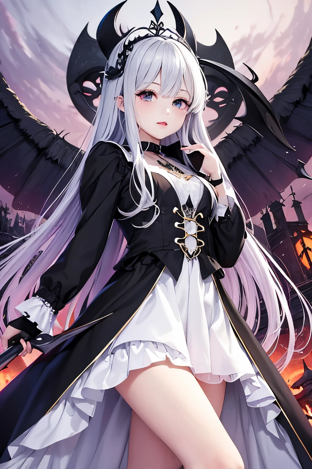 （（（highest quality、Masterpiece、Normal body、8k、Detailed face、Ultra-precision、Normal hand、Normal finger、５Finger、Highest）））Golden and silver hair、Princess、Twilight Dress、White and black skirt、Shiny Tiara、Knight Armor、Fluffy costumeetal boots、death scythe、Fantasy scythe、disaster々New Scythe、Grim Reaper、grim Reaper、The Devil Behind、demon in background、Devil behind、Devil in the background、collapsing universe、Dimensional Destruction、Distorted Dimensional Fault、Dimensional juxtaposition、Mobius Ring、Dimensional Hole、World Break