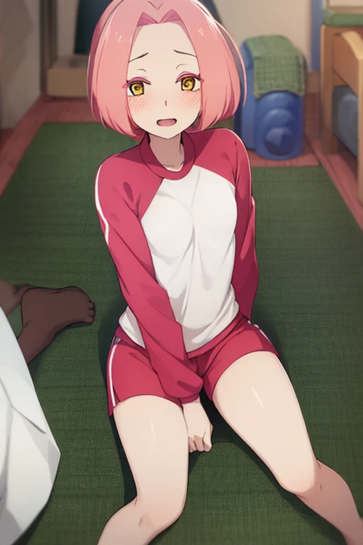 ((highest quality)), ((masterpiece)), (be familiar with), Perfect Face, indoor, Bedroom, Watching the audience,
One woman, May,
Open Mouth, Ecstatic expression, blush, smile,
Small breasts, Flat Chest, Young Girl, , , Girl,
Short Hair, Pink Hair, Yellow Eyes, short hair,
Gym suit, White shirt, black shorts,
Leg spread,