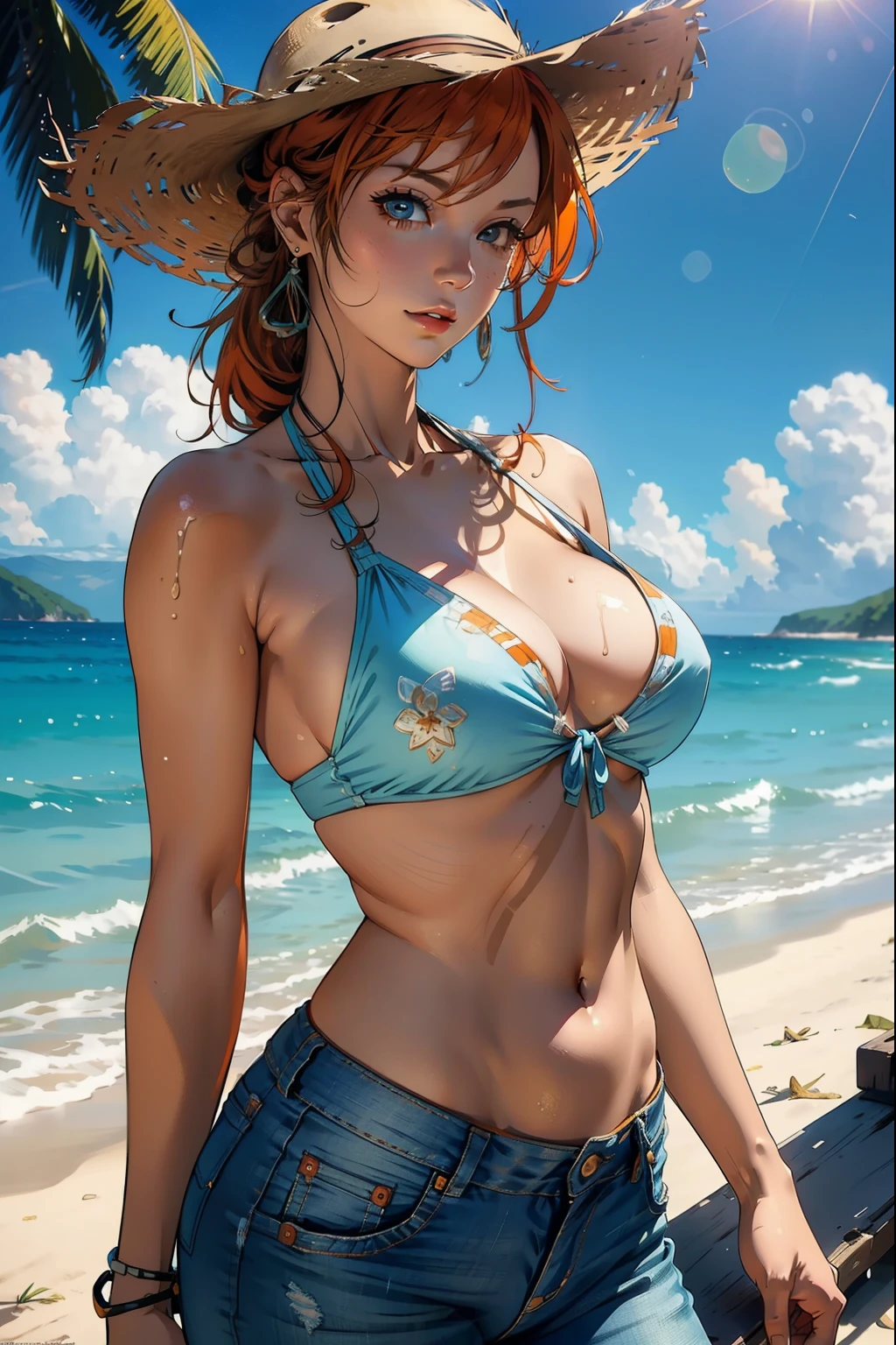 ((Masterpiece)), ((Best Quality)), Ultra High Resolution, HDR, absurderes, 8K, (1 girl), intricate details, ultra-detailed, dramatic lighting, blushing, smile, green eyes, short orange hair, bob hair, (black bikini, denim shorts), in beach, gorgeous girl, large breasts, cleavage, gorgeous body, glossy skin, vivid colors, full body view, sharp focus, detailed illustration, detail background, outdoors, depth of field, shy, feminine, professional artwork, fit thighs