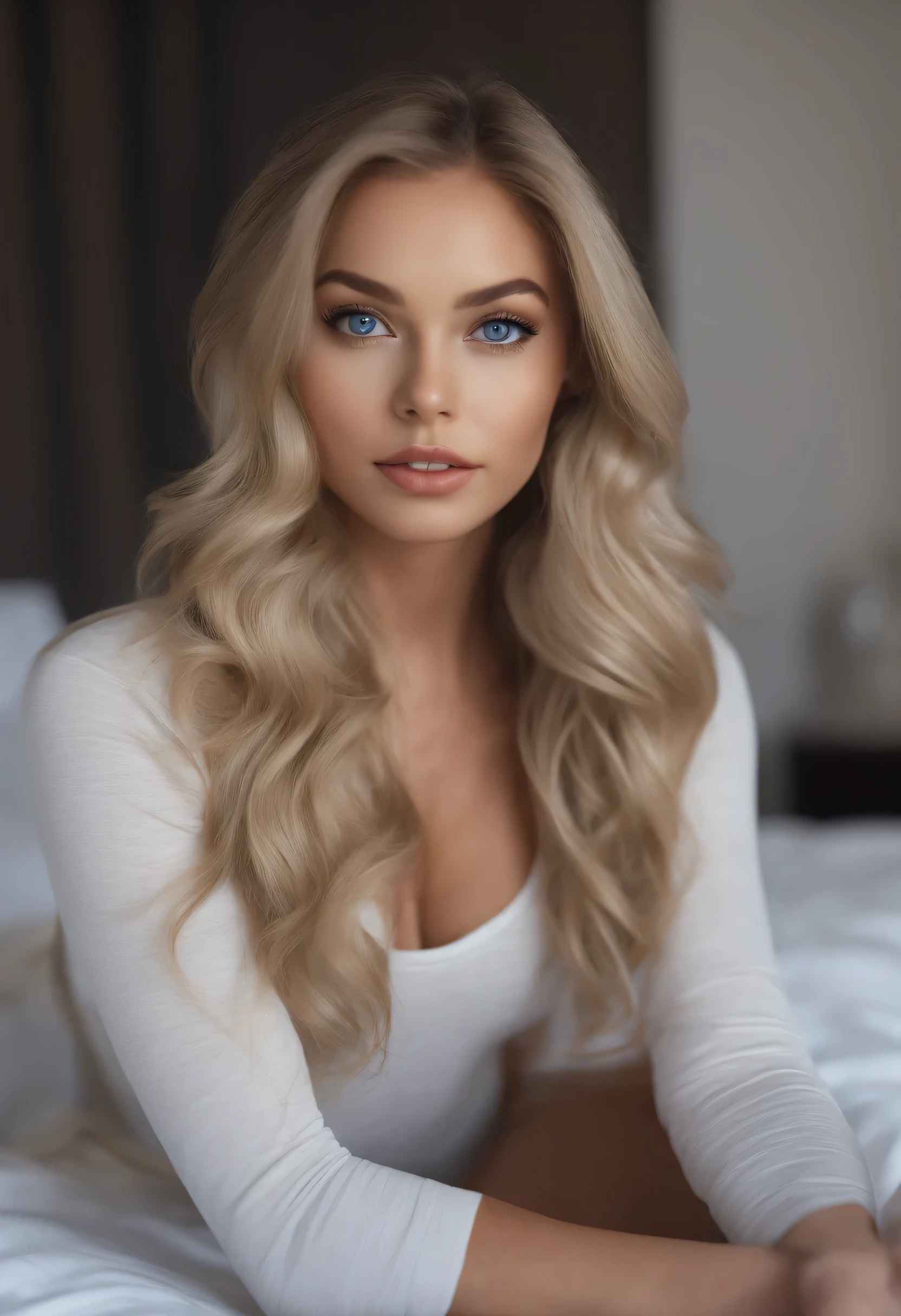 arafed femme pleinement , Fille sexy aux yeux bleus, ultra realistic, meticulously detailed, Portrait de Sophie Mudd, cheveux blonds et grands yeux, selfie d'une jeune femme, Yeux de chambre, Violette Myers, sans maquillage, Maquillage naturel, regarder directement la caméra, visage avec artgram, maquillage subtil, superbe photo de tout le corps à genoux sur le lit, dans la chambre, medium to large bust