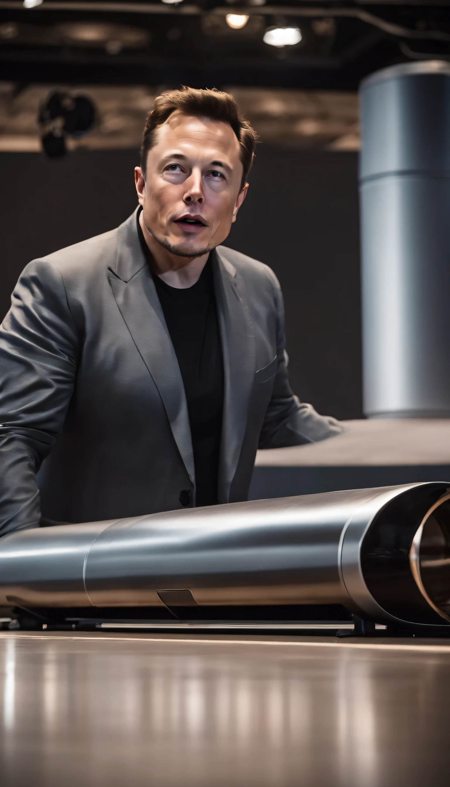 A photo of Elon Musk presenting or discussing the Hyperloop concept at a technology or innovation conference, possibly with a prototype or model in the background.