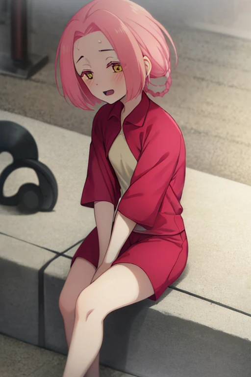 ((highest quality)), ((masterpiece)), (be familiar with), Perfect Face, indoor, Bedroom, Watching the audience,
One woman, May,
Open Mouth, Ecstatic expression, blush, smile,
Small breasts, Flat Chest, Young Girl, , , Girl,
Short Hair, Pink Hair, Yellow Eyes, short hair,
Gym suit, White shirt, black shorts,
Leg spread,