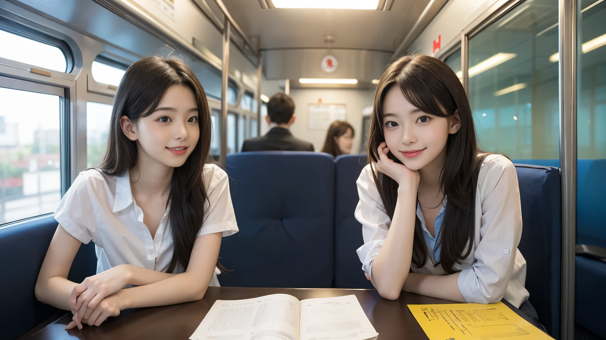 masutepiece, Best Quality, 8K, ,A girl, a man, a girl is a 16-year-old student,, a man is a 30-year-old office worker, on the train, sitting side by side,smile,