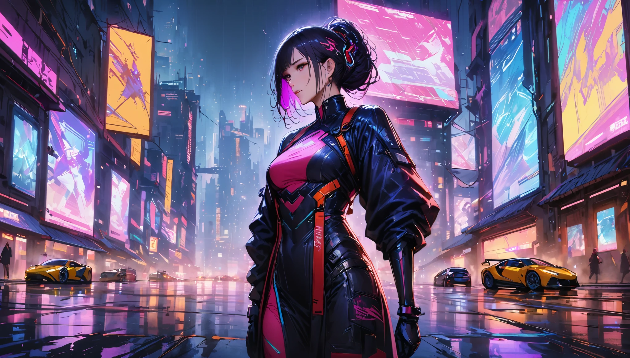 (high quality,Very detailed,Realistic:1.37,High resolution),Cyberpunk Style,Cybernetic Girl,Chinese traditional clothing,Cyberpunk Cityscape,Neon Light,High-tech accessories,Meticulous mechanical details,Glowing LED pattern,Urban dystopia,Visible Cybernetic Implants,Metal body armor,A sharp contrast between traditional and futuristic elements,Gritty atmosphere,Mysterious Aura,Steam rising from a street vent,Flying cars racing through the air,Holographic Advertising,Visually stunning architecture,Energetic and dynamic poses,Gives off a powerful aura,The cityscape reflected in her metallic eyes,Graceful movement amidst chaos,A moonlit sky with a futuristic hue,Pulsating Electronic Soundtrack,Smoke and fog enveloped the scene,Create an atmosphere of tension and excitement,Enhanced Augmented Reality Overlays,Interacting with virtual objects in the environment,Depicting the clash of tradition and technology,A spirit of rebellion and individuality,Preserving Cultural Heritage in the Future World,Embody the spirit of a cyberpunk hero,A strong and determined look,A symbol of revolution in a bleak future.Close-up face