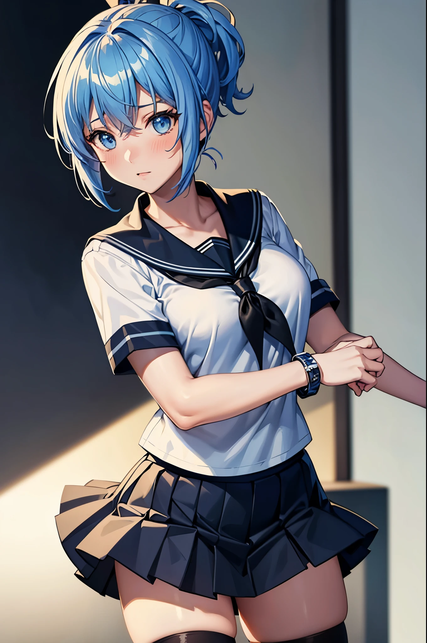 (masterpiece, best quality:1.2), expressive eyes, perfect face, highres, 1girl, solo, senounatsuru ,seitetsu_academy_school_uniform, light blue hair, white shirt, short hair, short sleeves, black handkerchief sailor , ponytail, black skirt, thighhighs, one bracelet, one blue bracelet on right wrist, blushing, embarrassed, standing, cowboy shot, looking at the viewer
