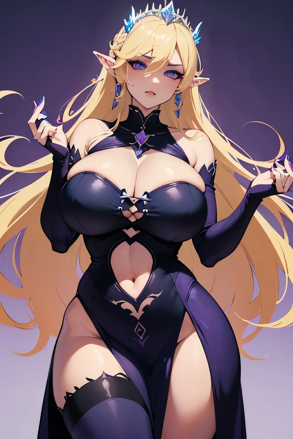 (Beautiful woman), (evil Elsa:1.2), (dark personality:1.1), v-(Jim lee), (skimpy punk outfit:1.2), (curvy), (heavy breasts), (six pack tummy), (purple line blond hair:1.2), (detailed hand and finger:1.1), (human), (long hair), (detailed ears), wearing (blue princess dress), (tattoos:1.2), (body marks:1.1), (dark manicured nails:1.1), (ears pierced:1.1), (detailed face and eyes:1.2), (huge breasts:1.1), (busty), (deep cleavage:1.1), (labia outline:1.3), (hard teat:1.3).