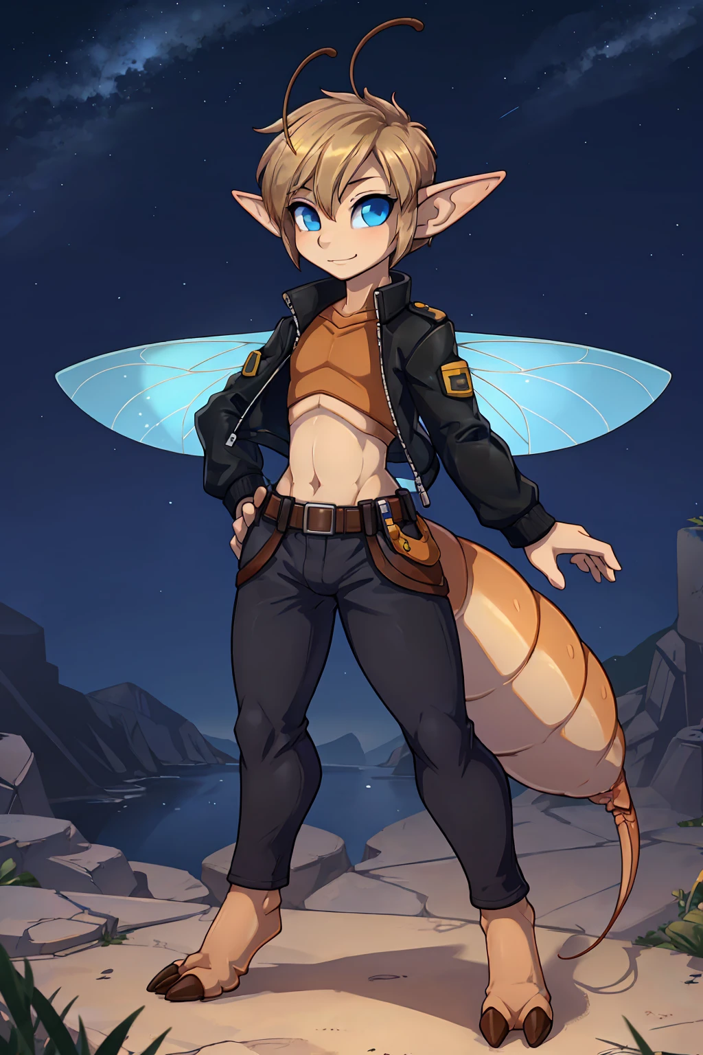 Fairy boy, cute, skinny, femboy, slim, Looking at viewer, night sky background, thin body, short hair, dark blonde hair, slicked haircut, forehead, blue eyes, utility belt, cropped jacket, ((2 ant antenna)), ant feet, proud pose, elf ears, wings on upper back, ((small) small anthropod abdomen), dripping abdomen