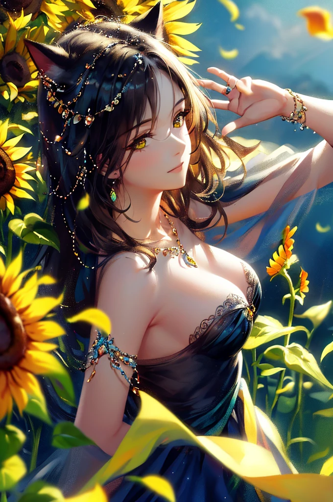 anime style, very fine illustration, high detail, dynamic angle, great detail, 8k, summer day, field of sunflowers, sunny day. BREAK The woman stands motionless, fascinated by the beautiful scene, watching the sunflowers bloom. The expression on her face says that she is sincerely delighted with the summer and the beauty of the blooming sunflowers. very good illustration, High detail, dynamic angle, beautiful detailing,2D, (Best quality, masterpiece, Beauty, tenderness), Anime, Highly detailed face, very detailed eyes, very detailed background, Ideal lighting, Whole body, 1 girl, One, (Very detailed cat ears), (Very detailed ears behind the hair), Finely detailed eyes, ears covered with hair,