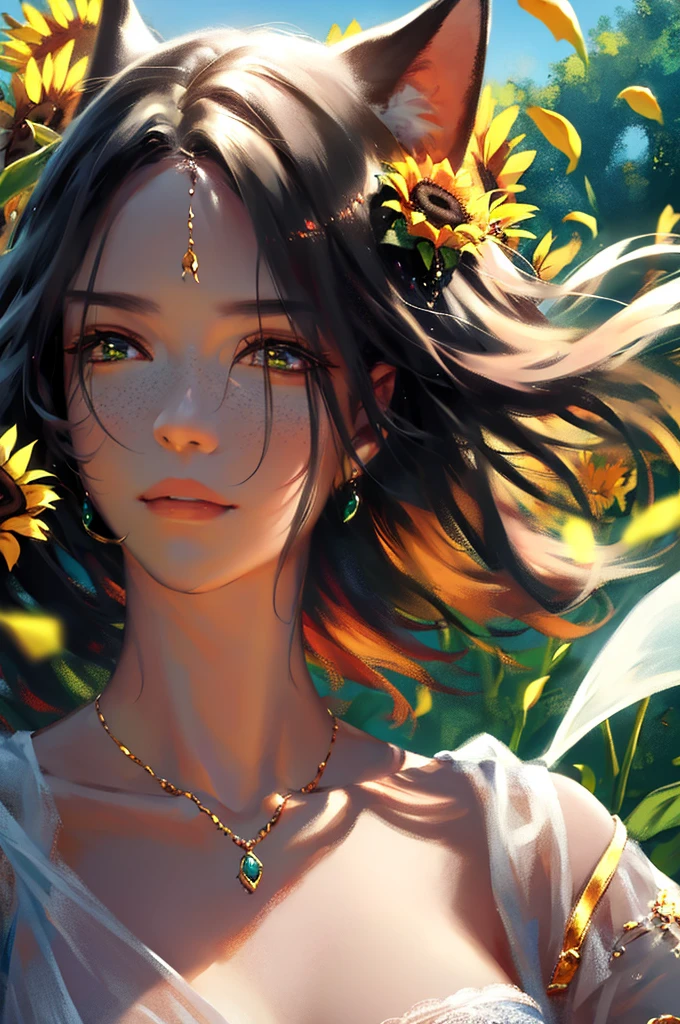 anime style, very fine illustration, high detail, dynamic angle, great detail, 8k, summer day, field of sunflowers, sunny day. BREAK The woman stands motionless, fascinated by the beautiful scene, watching the sunflowers bloom. The expression on her face says that she is sincerely delighted with the summer and the beauty of the blooming sunflowers. very good illustration, High detail, dynamic angle, beautiful detailing,2D, (Best quality, masterpiece, Beauty, tenderness), Anime, Highly detailed face, very detailed eyes, very detailed background, Ideal lighting, Whole body, 1 girl, One, (Very detailed cat ears), (Very detailed ears behind the hair), Finely detailed eyes, ears covered with hair,