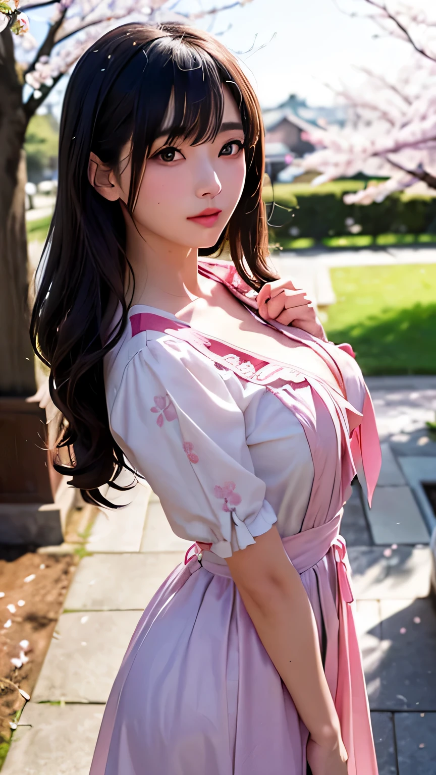 (A logo、masterpiece、8K、masutepiece、Raw photo、Fantastic、Best Quality、Photorealistic and ighly detailed CG integrated 8k wallpaper、hightquality、ighly detailed、epic poem、Particle effect、Dynamic effects、depth of fields、Cinematic Light、Lens Flare、Ray tracing)、Fantasia、 (Beauty 1 person、doress、Dress、Cherry blossom pattern、A dark-haired、Beautiful face、Real Face、beautiful details eyes beautiful skin)、my hair dances in the wind、Hair flutters in the wind、Hair jumps、Pink cherry blossom tree、Petals flutter、Sakura blizzard、Superb view、morning glow、Sun in the background、the wind, breast G cup