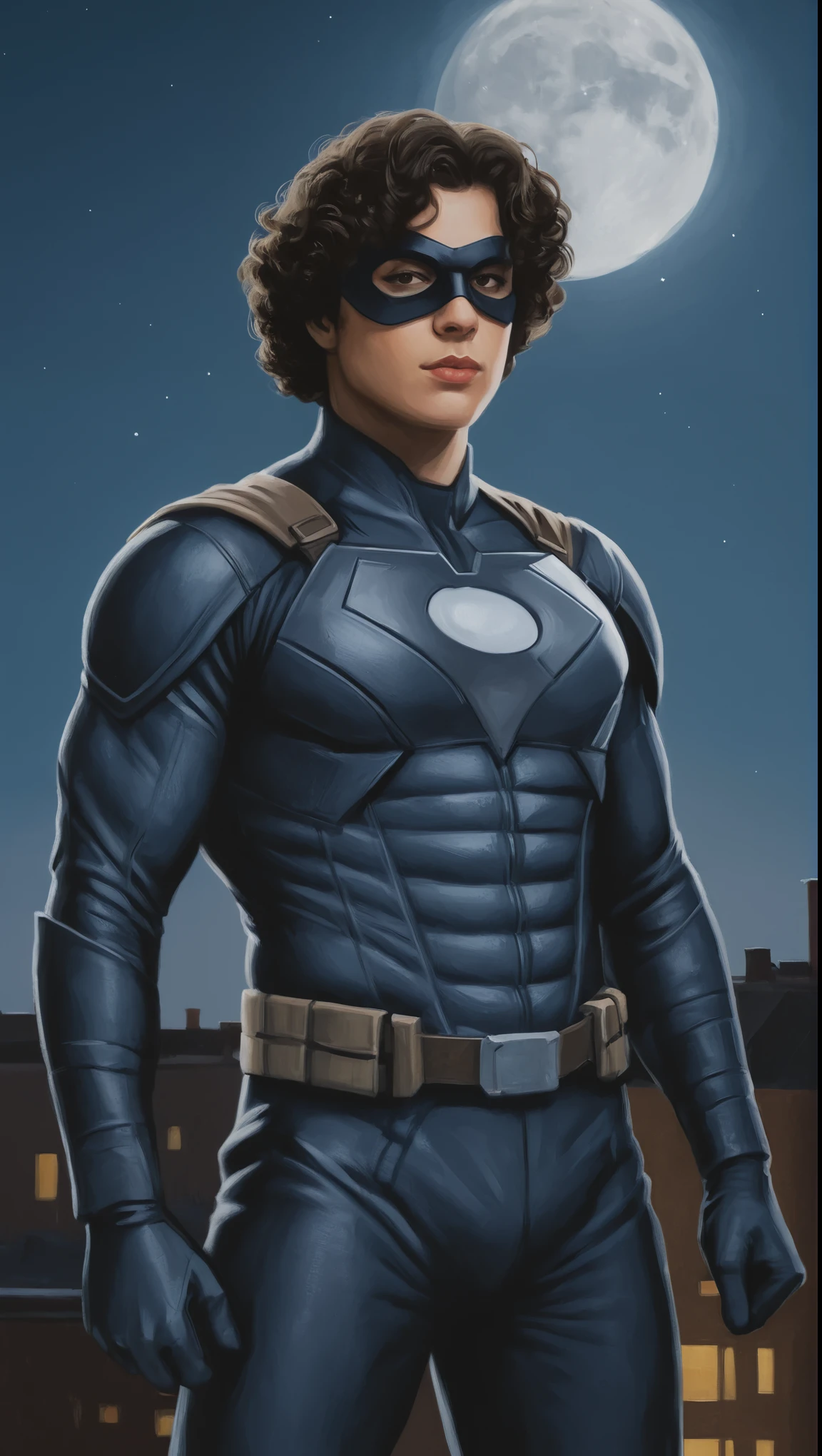 An illustrated movie poster, hand-drawn, full color, a superhero, 28 years-old, wearing a jumpsuit and a domino mask, stocky, soft doughy physique, deep brown eyes, wide bulbous nose, full lips, black hair, curly hair, thick bushy eyebrows, extremely hairy chest, stomach, and arms, lots of body hair, posing on a moonlit rooftop, hard shadows, graphite shading, stencil markings, airbrushed acrylic paint, masterpiece