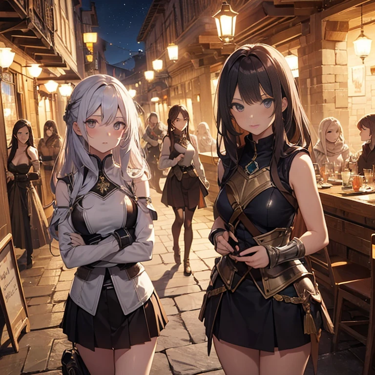 A group of female medieval fantasy adventurers, (in tavern), various hair styles, harem, night, details face, short skirt, seducing, sleeveless, armor