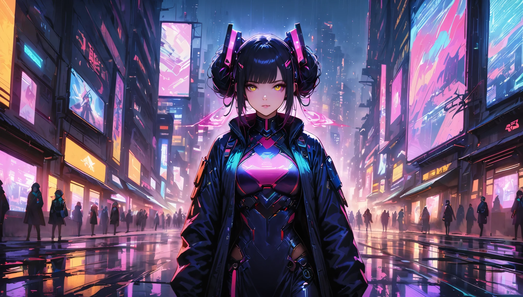 (high quality,Very detailed,Realistic:1.37,High resolution),Cyberpunk Style,Cybernetic Girl,Chinese traditional clothing,Cyberpunk Cityscape,Neon Light,High-tech accessories,Meticulous mechanical details,Glowing LED pattern,Urban dystopia,Visible Cybernetic Implants,Metal body armor,A sharp contrast between traditional and futuristic elements,Gritty atmosphere,Mysterious Aura,Steam rising from a street vent,Flying cars racing through the air,Holographic Advertising,Visually stunning architecture,Energetic and dynamic poses,Gives off a powerful aura,The cityscape reflected in her metallic eyes,Graceful movement amidst chaos,A moonlit sky with a futuristic hue,Pulsating Electronic Soundtrack,Smoke and fog enveloped the scene,Create an atmosphere of tension and excitement,Enhanced Augmented Reality Overlays,Interacting with virtual objects in the environment,Depicting the clash of tradition and technology,A spirit of rebellion and individuality,Preserving Cultural Heritage in the Future World,Embody the spirit of a cyberpunk hero,A strong and determined look,A symbol of revolution in a bleak future.Close-up face