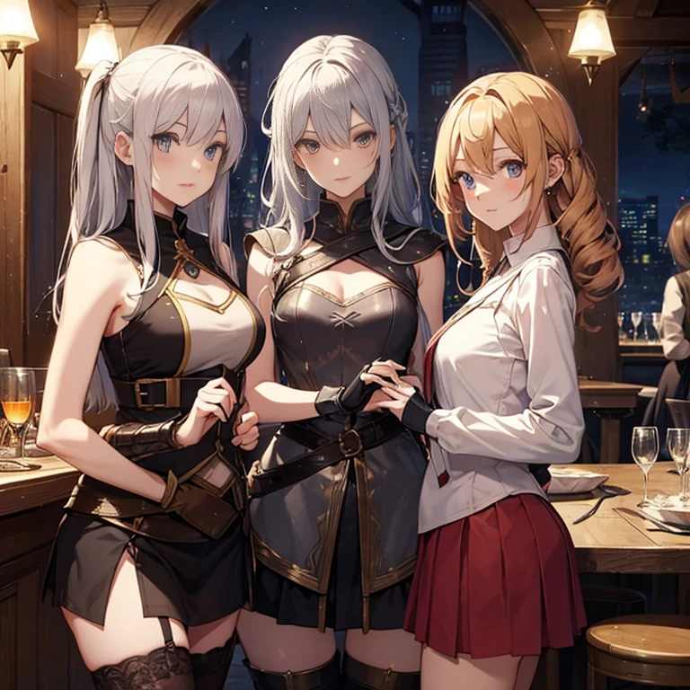 A group of  female medieval fantasy adventurers, (in tavern), various hair styles, harem, night, details face, short skirt, seducing, sleeveless, armor