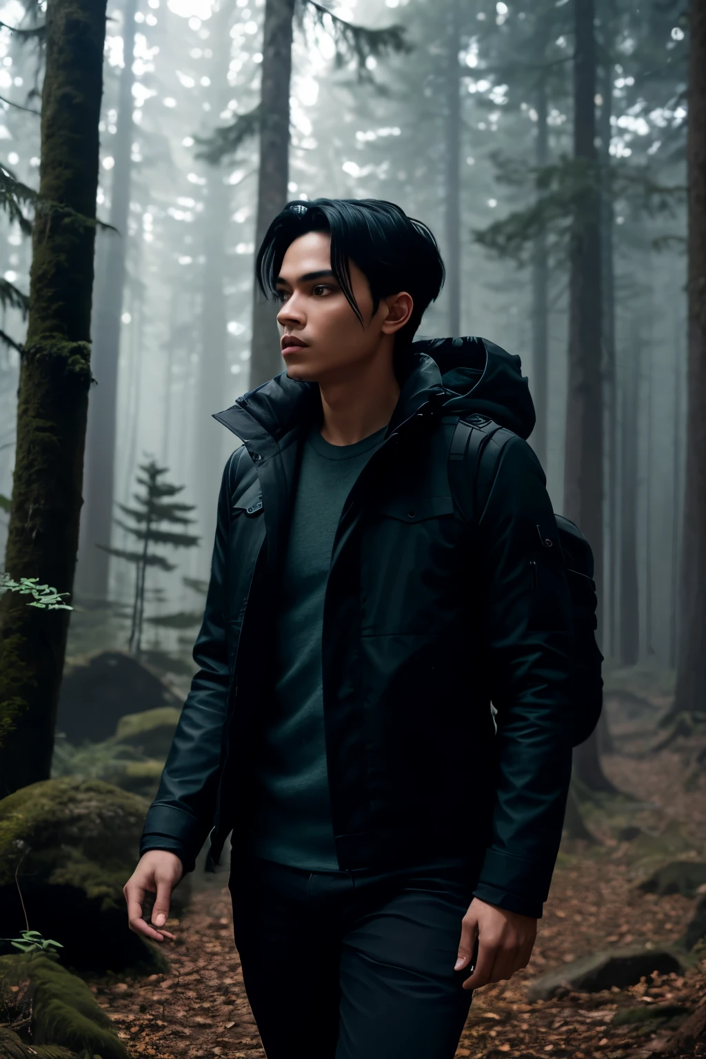 A young man with black hair and a startled expression is walking through the dark forest in the night. The contemporary style image captures the maximum detail with high quality, showcasing every intricate feature on his face. His fear and terror are palpable, and the background, although not populated with humans, is filled with the intricate sounds and shadows of the forest. The detailed leaves and branches blend seamlessly with the blurry background, creating an atmosphere of mystery and danger. The image is captured in a high-resolution contemporary style, perfect for those seeking a thrilling and suspenseful visual experience. Shot on a Canon EOS R5 with a 50mm lens and F/2.8