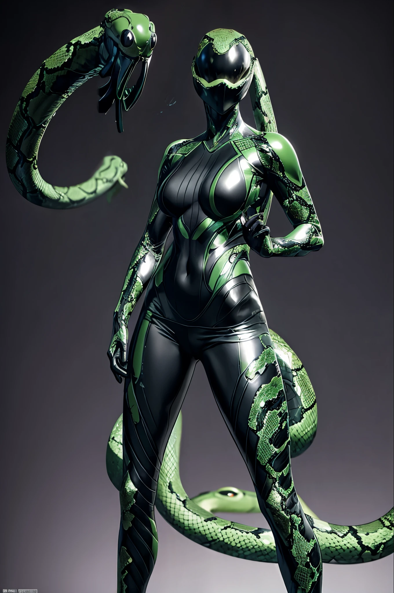 Beautiful girl fused with a  snake. (High quality) （black and Green image color）. body suit. cyber style. Circuit pattern. Biological Armor. Biological helmet. eye mask.