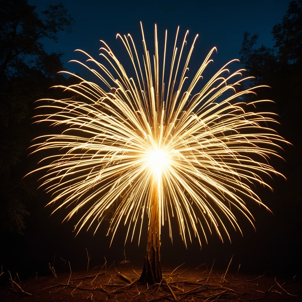 Tree lit up at night, Sparks are flying around, providing the only light source in the dark surroundings. The scene is dramatic and breathtaking, echoing the sentiment that hope is a thing with feathers. Use the visual characteristics of a 35mm film such as film grain, vignette effect, post-processing, and stunning cinematic lighting techniques to create an atmospheric scene. The result should be of the highest quality, resembling an epic masterpiece from a live-action film. river in the foreground :: a breathtaking intricate and highly detailed, golden hour, heavenly rays :: masterpiece, 8k resolution, trending on, dramatic,