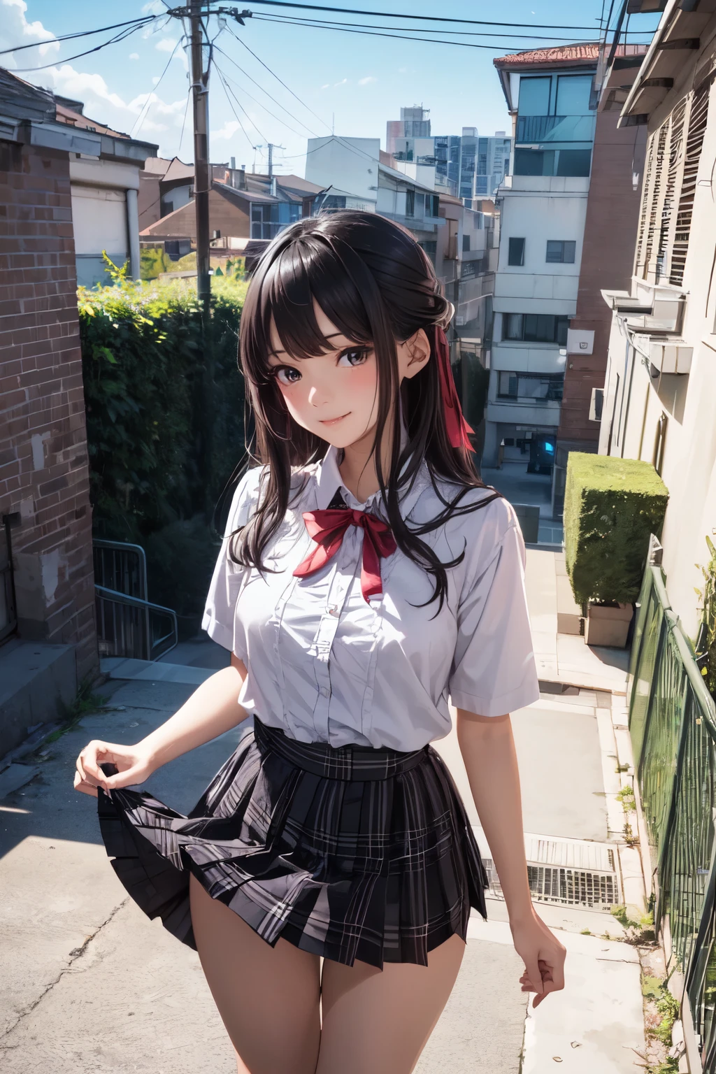 a girl leaning on the brick wall and standing with her back against it, 1girl, solo, smile, black hair, skirt, looking at viewer, long hair, arms up, school uniform, short sleeves, navel, pleated skirt, black skirt, shirt, white shirt, grin, serafuku, neckerchief, cowboy shot, brick wall