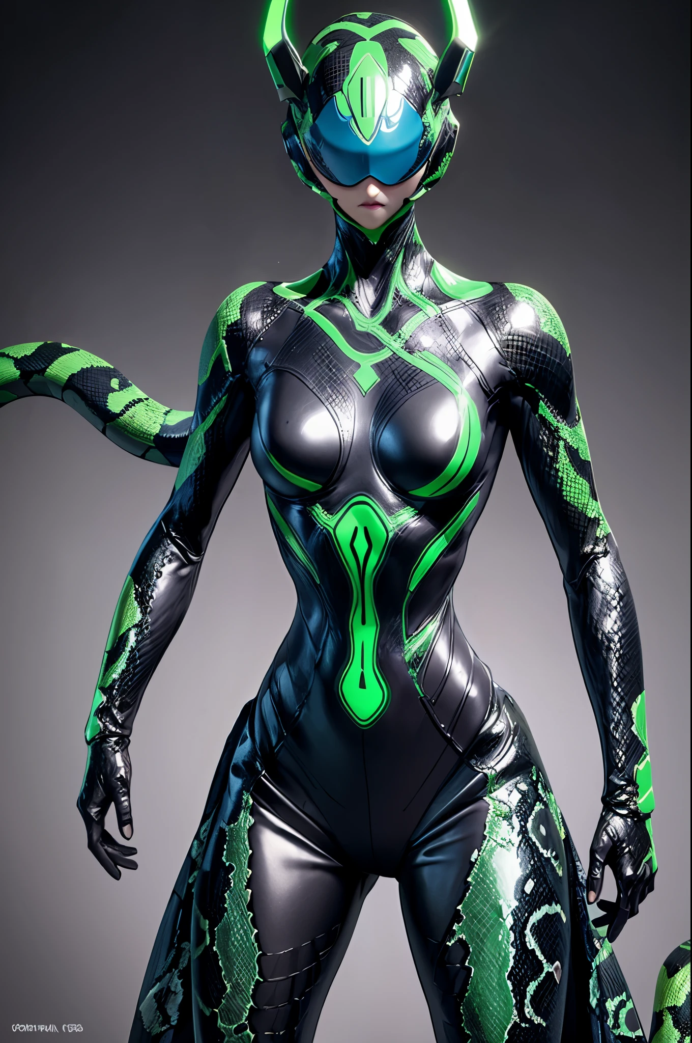 Beautiful girl fused with a  snake. (High quality) （black and Green image color）. body suit. cyber style. Circuit pattern. Biological Armor. Biological helmet. eye mask.