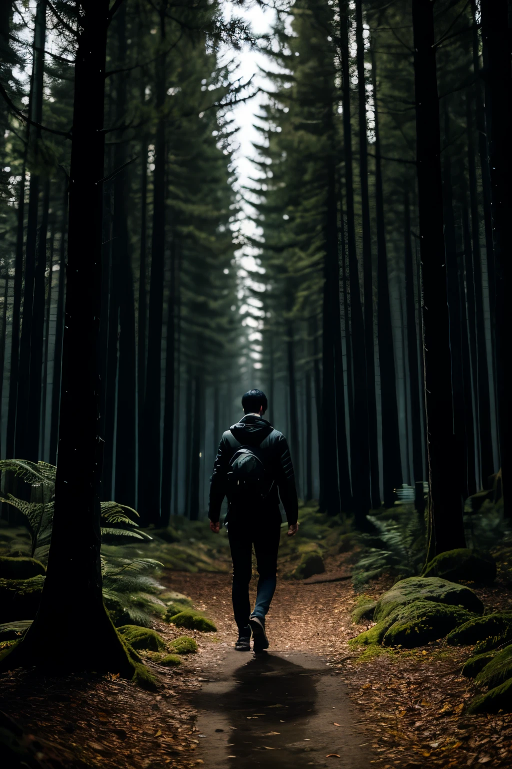 A young man with black hair and a startled expression is walking through the dark forest in the night. The contemporary style image captures the maximum detail with high quality, showcasing every intricate feature on his face. His fear and terror are palpable, and the background, although not populated with humans, is filled with the intricate sounds and shadows of the forest. The detailed leaves and branches blend seamlessly with the blurry background, creating an atmosphere of mystery and danger. The image is captured in a high-resolution contemporary style, perfect for those seeking a thrilling and suspenseful visual experience. Shot on a Canon EOS R5 with a 50mm lens and F/2.8