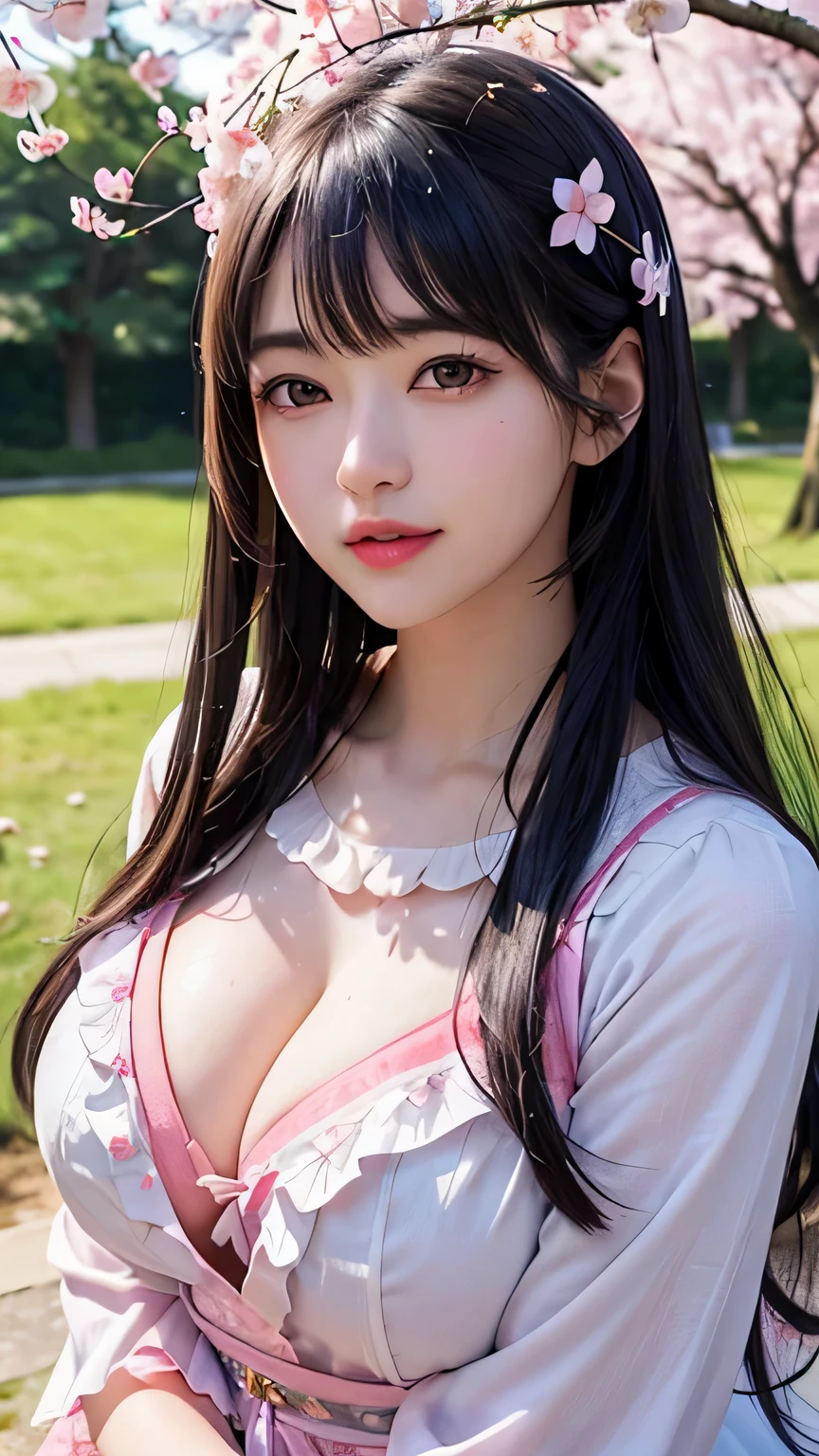 (A logo、masterpiece、8K、masutepiece、Raw photo、Fantastic、Best Quality、Photorealistic and ighly detailed CG integrated 8k wallpaper、hightquality、ighly detailed、epic poem、Particle effect、Dynamic effects、depth of fields、Cinematic Light、Lens Flare、Ray tracing)、Fantasia、 (Beauty 1 person、doress、Dress、Cherry blossom pattern、A dark-haired、Beautiful face、Real Face、beautiful details eyes beautiful skin)、my hair dances in the wind、Hair flutters in the wind、Hair jumps、Pink cherry blossom tree、Petals flutter、Sakura blizzard、Superb view、morning glow、Sun in the background、the wind, big breast G cup, plump body