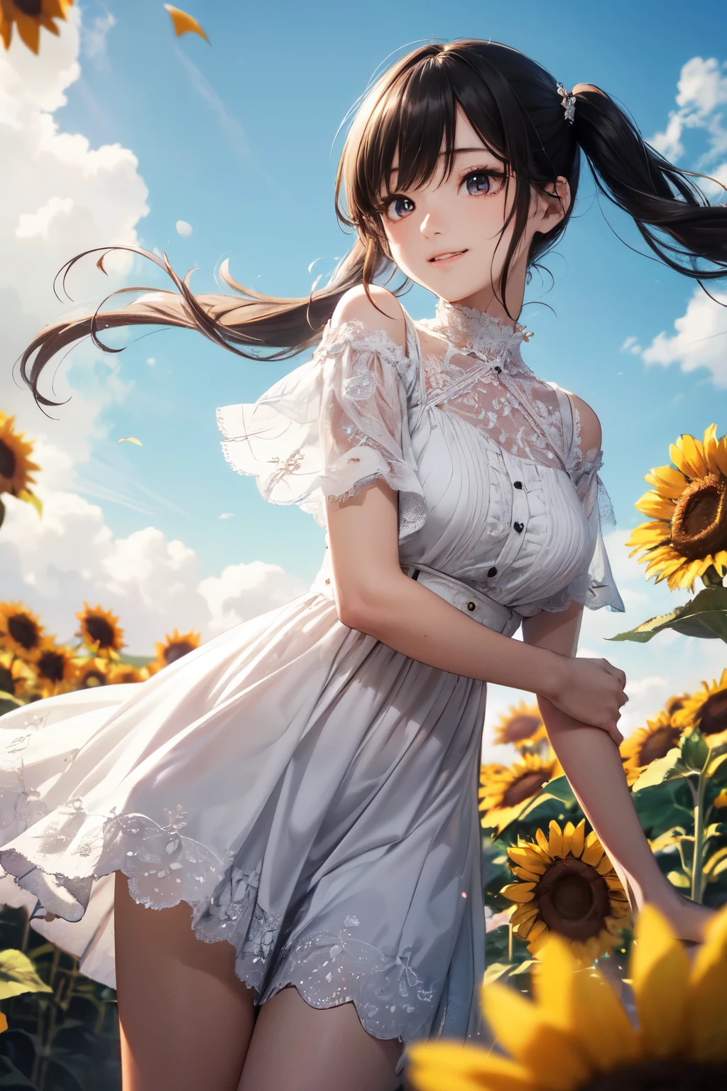 very cute and beautiful girl,frilled white summer dress with detailed lace,(highly detailed beautiful face and eyes),
standing in middle of sunflower field,beautiful summer sky,(smile),black hair,low twintails,mid shot,stylish pose,detailed legs,
(best quality,masterpiece:1.0),absurdres,highres,ultra-detailed,extremely detailed,32k,8k resolution,
intricate details,cinematic scene,detailed background,solo,dynamic angle,
solo,hair fluttering in the wind,
