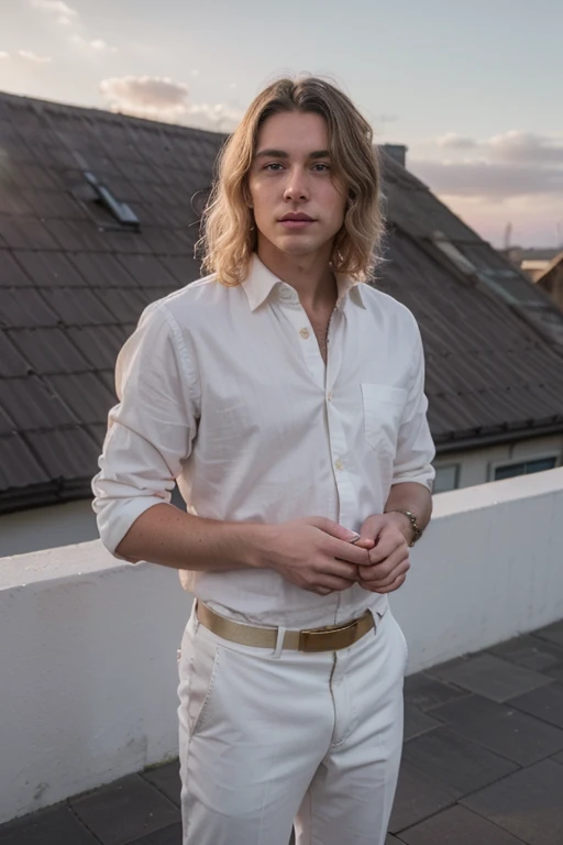 The perfect man's face, white long hair, gold colored eyes, in a white shirt with three unbuttoned buttons on it, in white trousers, he has a white rose in his hand, other hand in trouser pocket, hair curls in the light wind, against the backdrop of a purple sunset sky, Pink colour, he is standing on the roof of the house