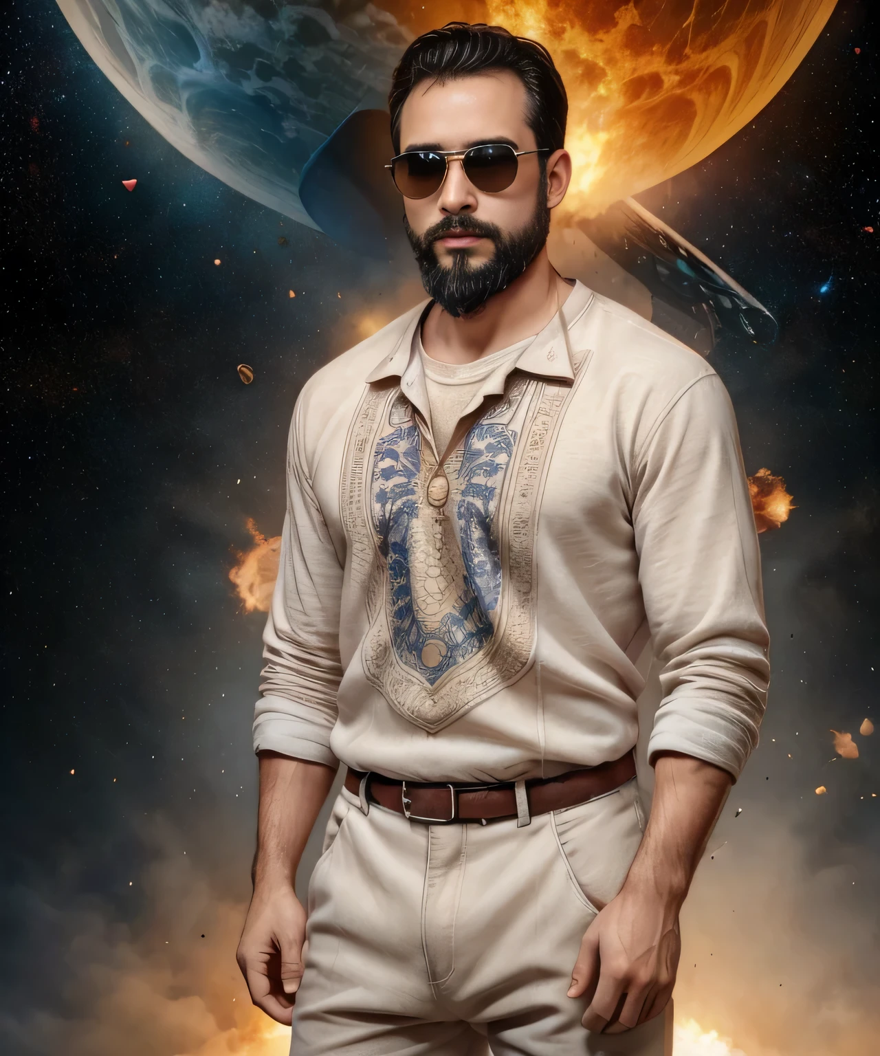 Obra maestra, desenfoque de campo, Parte superior del cuerpo, Hands in pants pockets, 38 year old man with beard and square sunglasses. Man wearing a shirt with a color gradient in the space movie with a solar  explosion in the background.