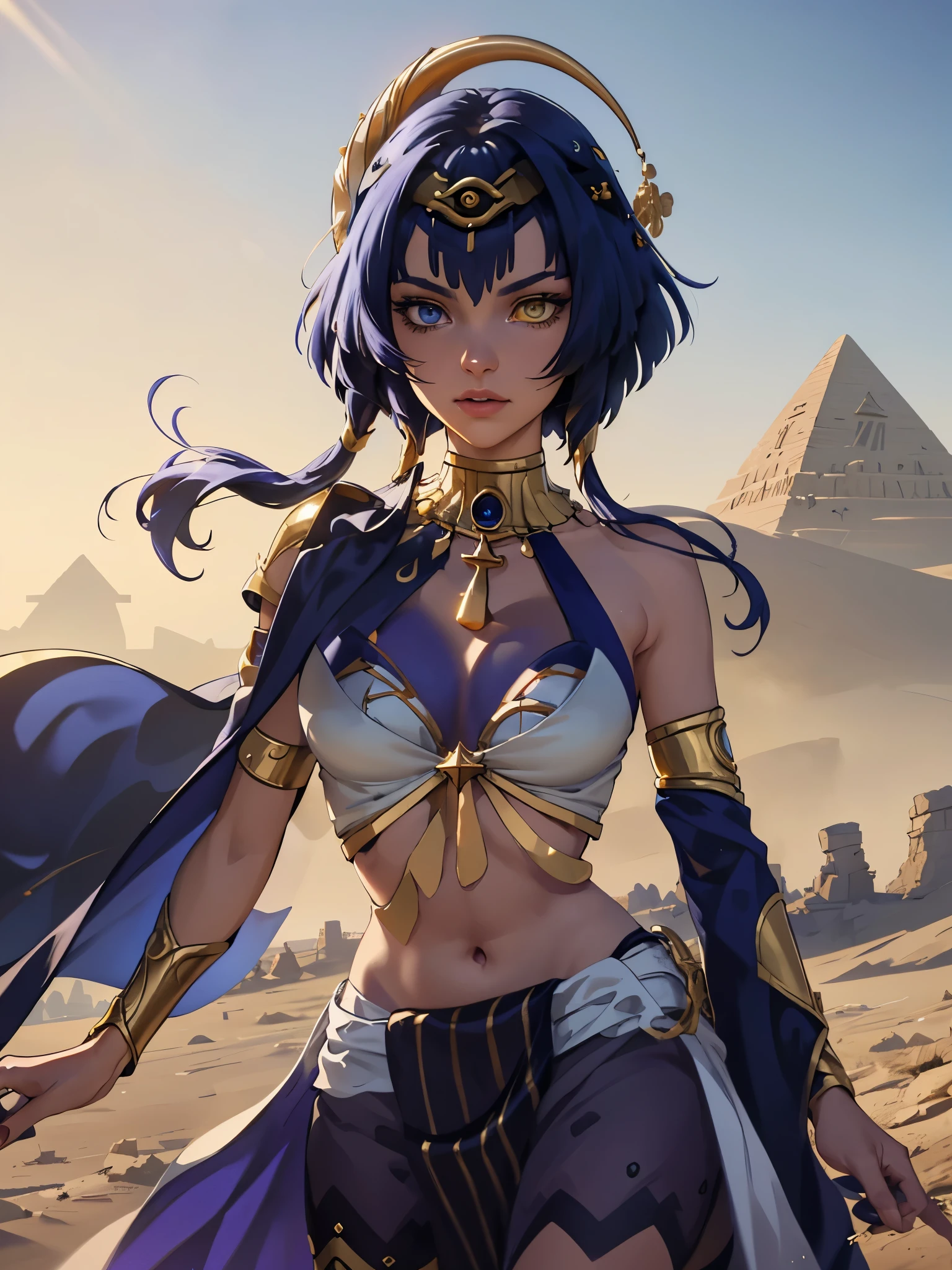 a woman in a gold costume with a crown on her head, blue hair. stunning cgsociety, trending in cgsociety, a stunning portrait of a goddess, beautiful cleopatra, cgsociety ), cgsociety 4k, cgsociety 4 k, cgsociety contest winner, goddess. extremely high detail, cgsociety 8k, cgsociety 8k, cgsociety 8 k, short blue hair, heterochromia blue and yellow eyes, gold collar, in the desert in front of pyramids, dramatic light, cinematic shot, movie poster, epic