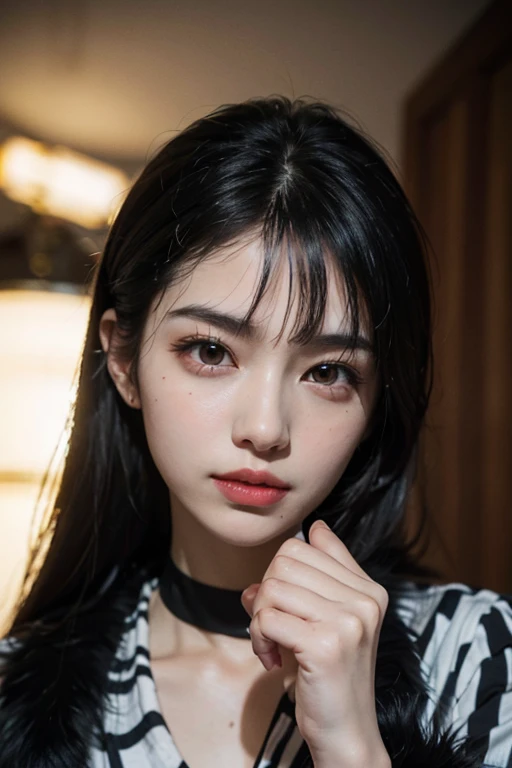 (8k, RAW Photos, Realistic: 1.25), ((((Black striped fur))))), (Thin lip gloss, Thin eyebrows, eyelash, Tear bags, Snapping Bangs, Shining Face, Shiny skin, highest quality, Ultra-high resolution, Depth of written boundary, chromatic aberration, Caustics, Wide Lighting, Natural Shading, K-Pop Idols), Calm, Long Hair, smile, Small devil, Inside the house, Clenched fist, Beautiful Hands, Five Fingers, Beautiful fingers, Fingers of the right hand,()