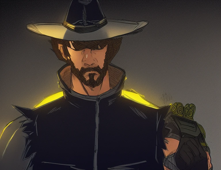 drawing of a man with hat and glove, Jesse McCree, mccree of surveillance, inspirado em Jean Giraud, como um personagem de overwatch, (Inktober), inspirado em Clint Cearley, fanart de overwatch, vaqueiro barbudo, estilo de tinta sf 5, estilo de tinta sf5, professional sketch, estilo de arte desconhecido, post - apocalyptic cowboy, of surveillance, gungrave, ((cyber cowboy)), ((cyberpunk))