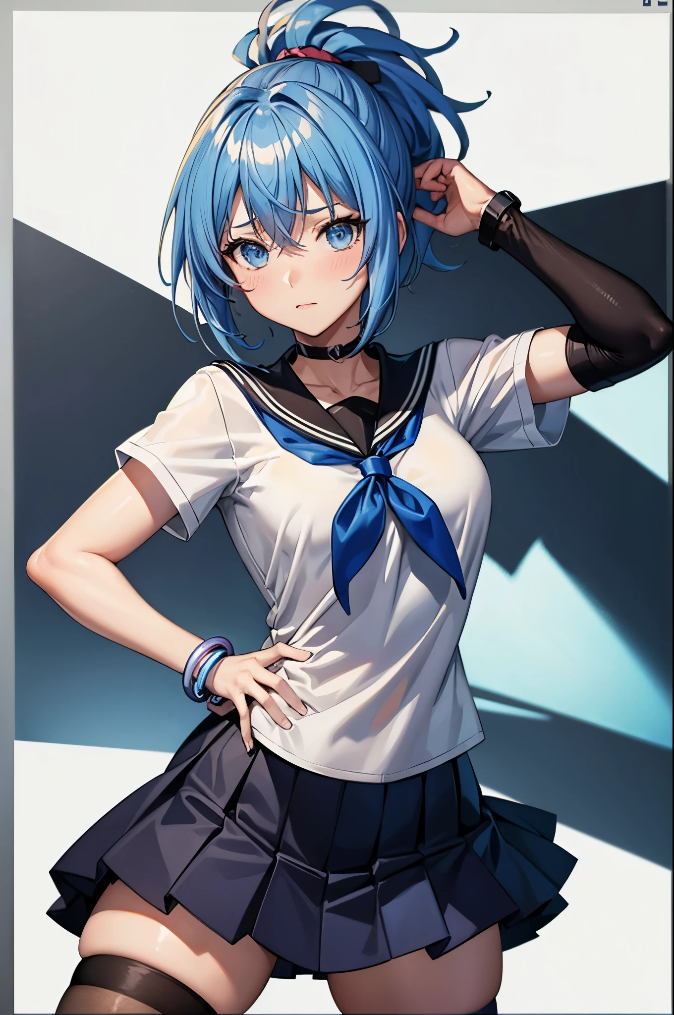 (masterpiece, best quality:1.2), expressive eyes, perfect face, highres, 1girl, solo, senounatsuru ,seitetsu_academy_school_uniform, light blue hair, white shirt, short hair, short sleeves, black handkerchief sailor , ponytail, black skirt, thighhighs, one bracelet, one blue bracelet on right wrist, blushing, embarrassed, standing, cowboy shot, looking at the viewer
