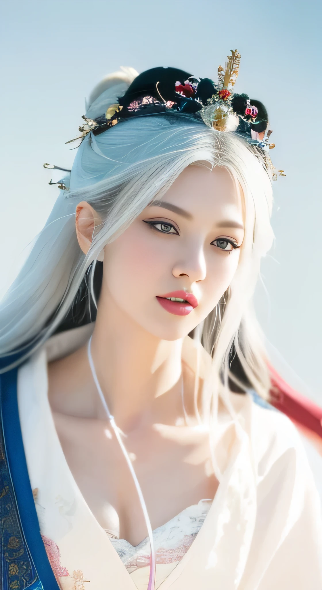 (from above), (dynamic poses), (((White cloud background))), (((high saturation))), ((Surrounded by splashes of color))) (original photo, best quality), (actual, Photo fidelity: 1.3), best quality, Very detailed, masterpiece, Ultra-detailed, illustration, (1 girl: 1.3), (8K, original photo, best quality, Master Pletzer), (photon mapping, Radiometry, Physically based rendering, Auto white balance), Super detailed, Beautiful and beautiful, fair, masterpiece, best quality, Close-up of a woman with white hair and white mask, fair figure painting, Gurwitz, Gurwitz style artwork, White-haired God, Yang Jian, Epic and beautiful character art, Stunning character art, FAN Qi, Wu Zhun Shifan, Gu Vitz from Pixiv Art Site, Many colors, Upper body,