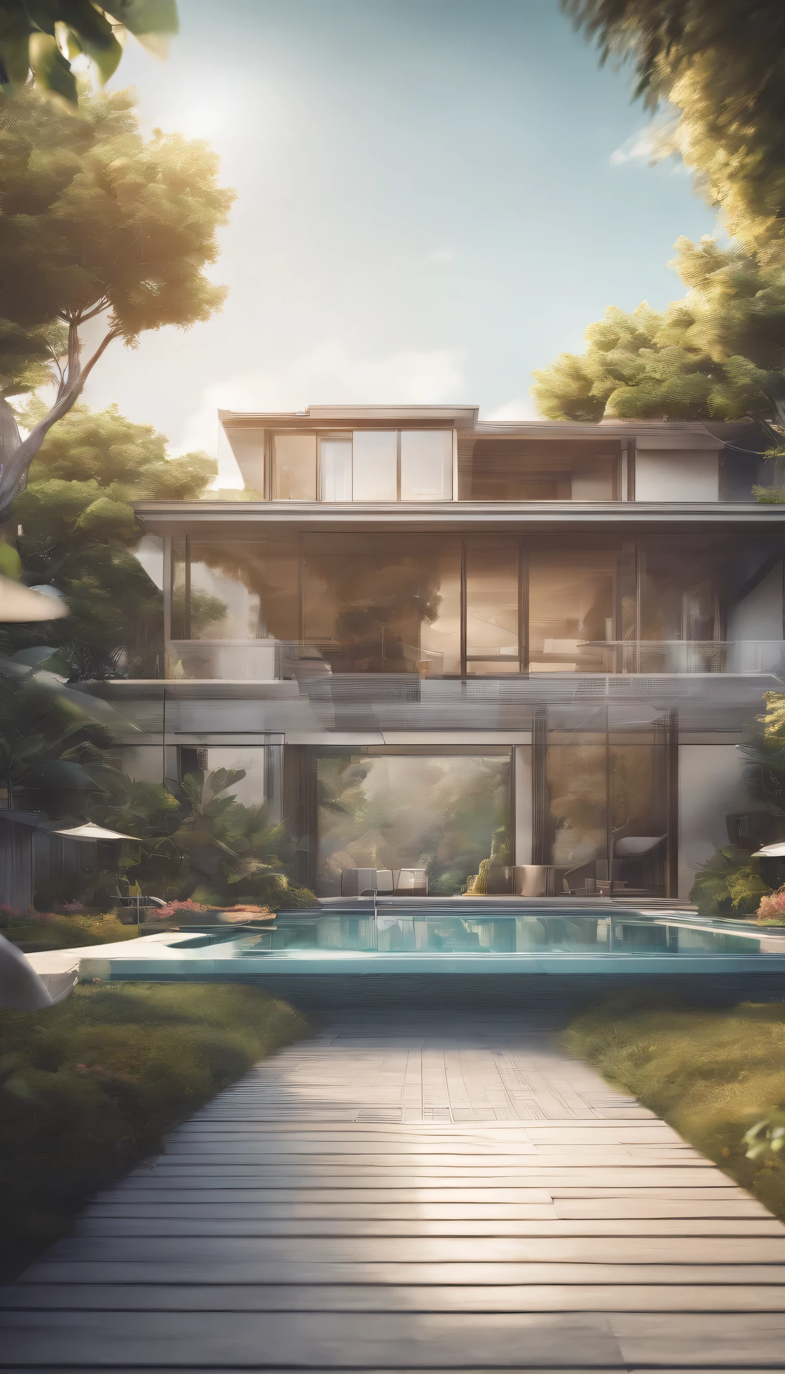 blurred image of a house with a pool in the foreground, background blurred, out - of - focus background, out-of-focus background, blurred background, some background blur, background blur, [ 4 k photorealism ], unblur, blurry image, swimming pool in front, realistic 3 d style, 8k no blur, house background, background focus, deblur, cartoon