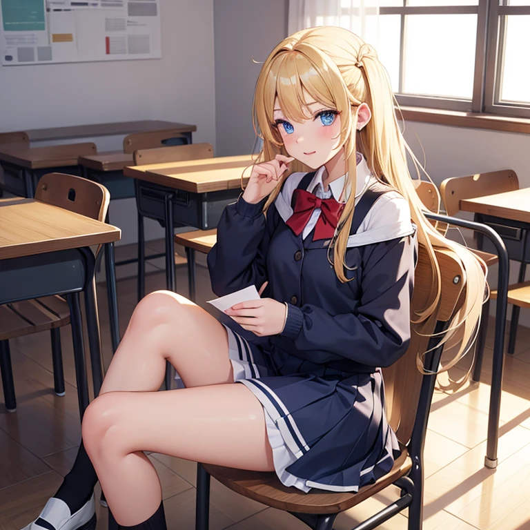 Highest quality,Highest quality,One Girl,One boy,((((************)))),Flat Chest,orgasm,blush, Sweat, Sakurai Momoka,blonde,White Sarah Outfit,Navy Blue Skirt, It is not a pleated skirt,whole body,classroom, pantyhose、Navy Blue Skirtをめくる、Spread your legs