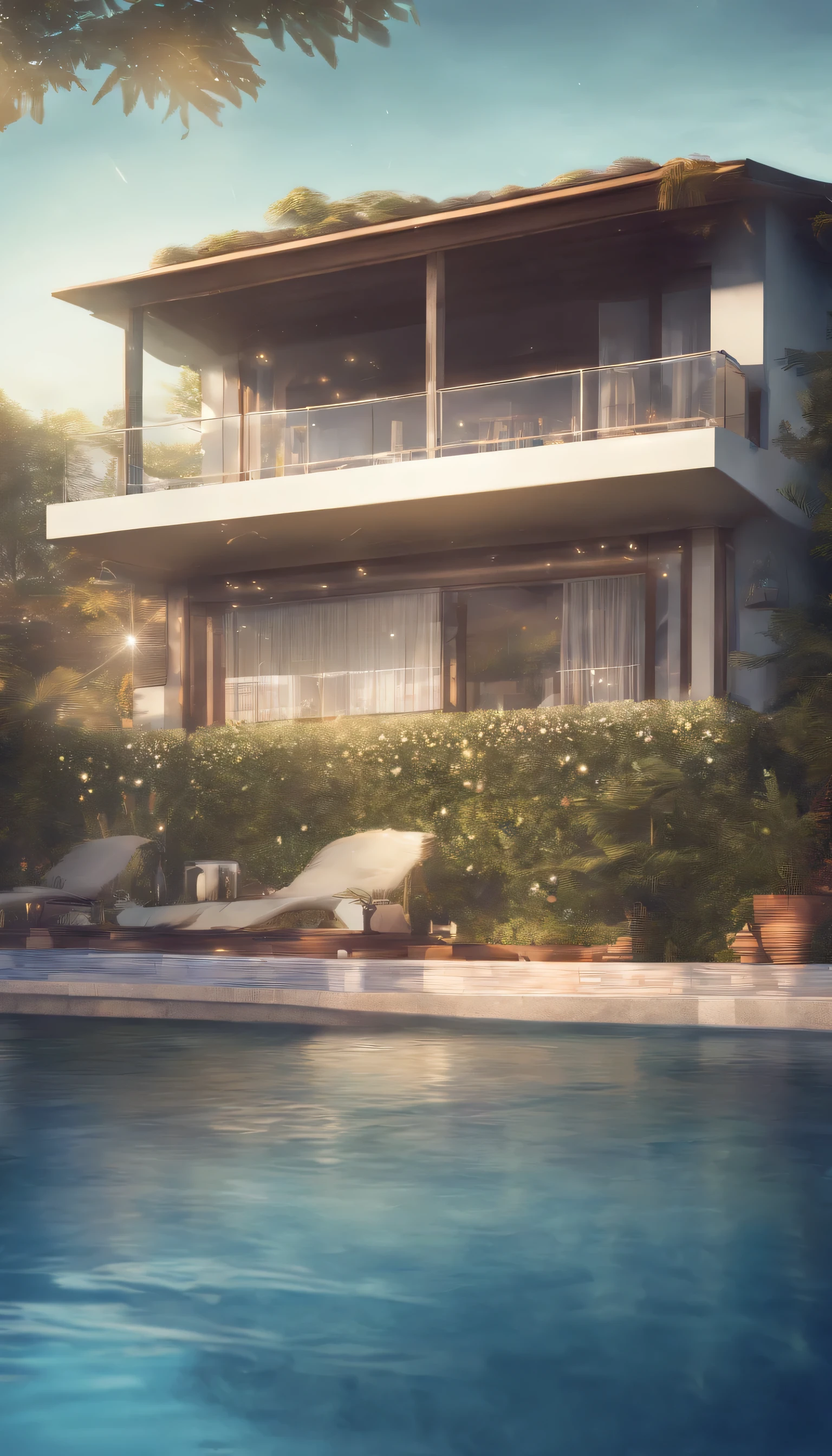 blurred image of a house with a pool in the foreground, background blurred, out - of - focus background, out-of-focus background, blurred background, some background blur, background blur, [ 4 k photorealism ], unblur, blurry image, swimming pool in front, realistic 3 d style, 8k no blur, house background, background focus, deblur, cartoon