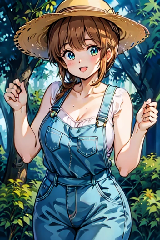 (High quality, High resolution, Fine details), lush greenery, posh background, summer vibes, overalls, straw hats, solo, curvy women, sparkling eyes, (Detailed eyes:1.2), smile, blush, Sweat, Oily skin, Soft tones, shallow depth of field, professional lighting