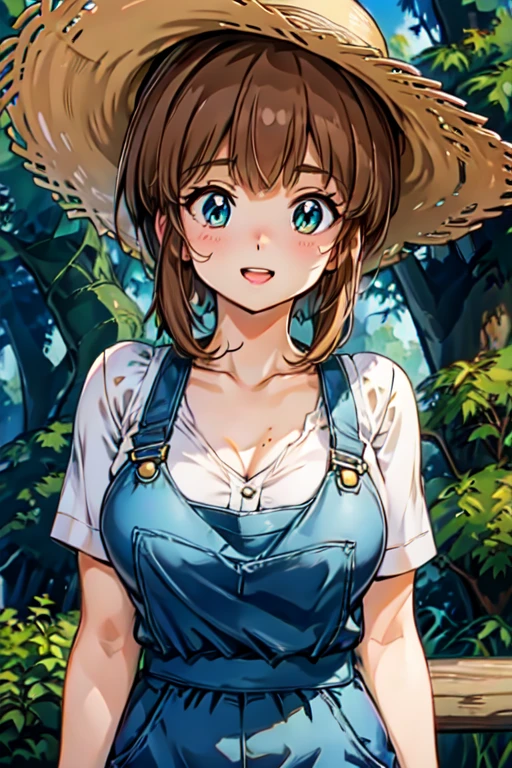 (High quality, High resolution, Fine details), lush greenery, posh background, summer vibes, overalls, straw hats, solo, curvy women, sparkling eyes, (Detailed eyes:1.2), smile, blush, Sweat, Oily skin, Soft tones, shallow depth of field, professional lighting