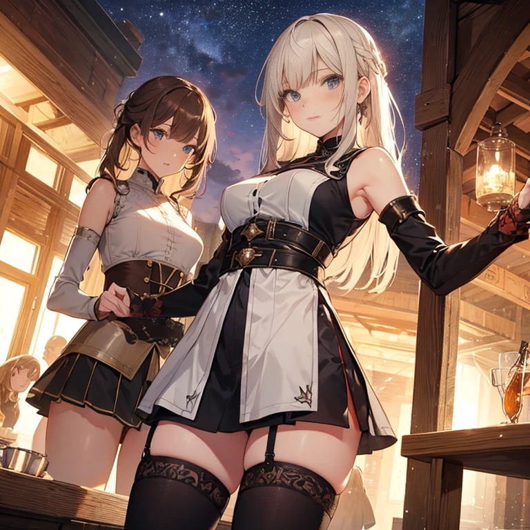 A group of  female medieval fantasy adventurers, (in tavern), various hair styles, harem, night, details face, short skirt, seducing, sleeveless, armor