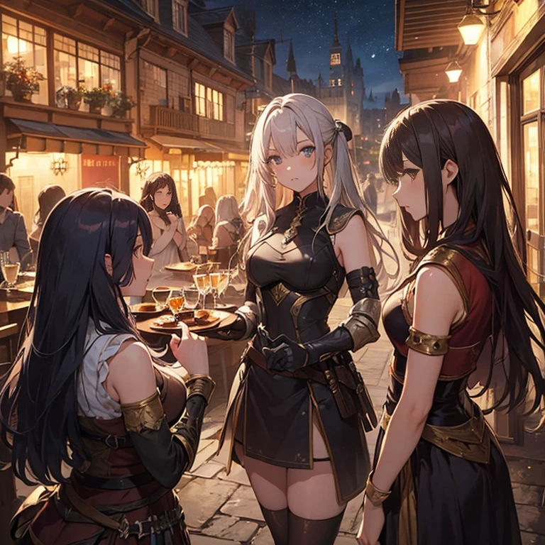A group of female medieval fantasy adventurers, (in tavern), various hair styles, harem, night, details face, short skirt, seducing, sleeveless, armor