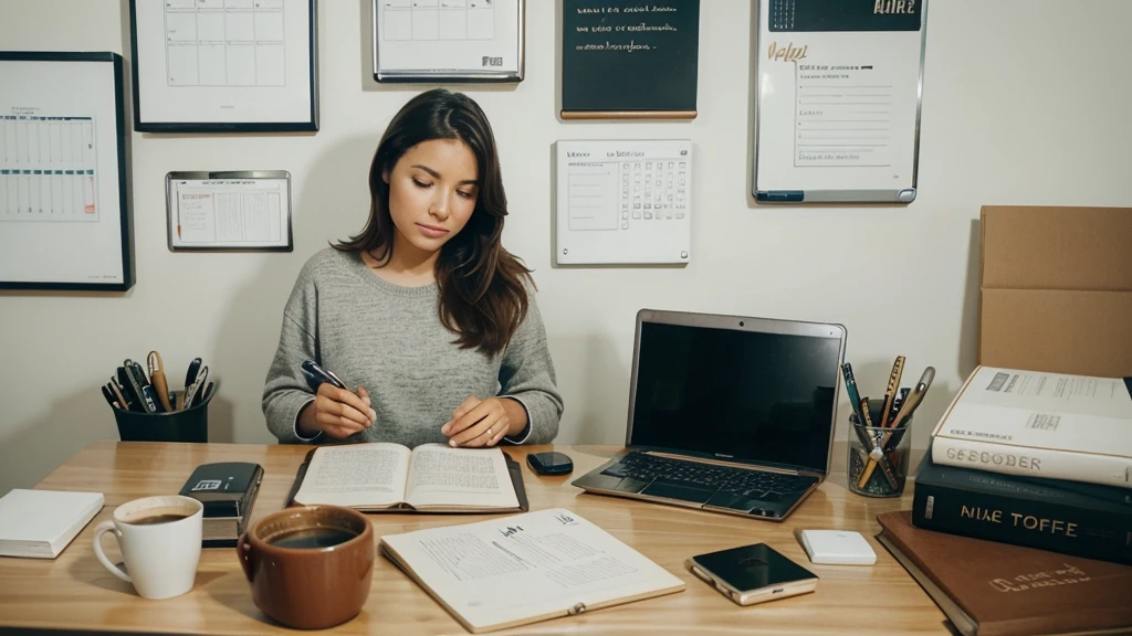 A person sitting at a desk in a home office, surrounded by various productivity tools and personal items that reflect their daily routine, such as a planner, laptop, coffee mug, and inspirational notes on the wall. The scene should convey a sense of focus and organization.