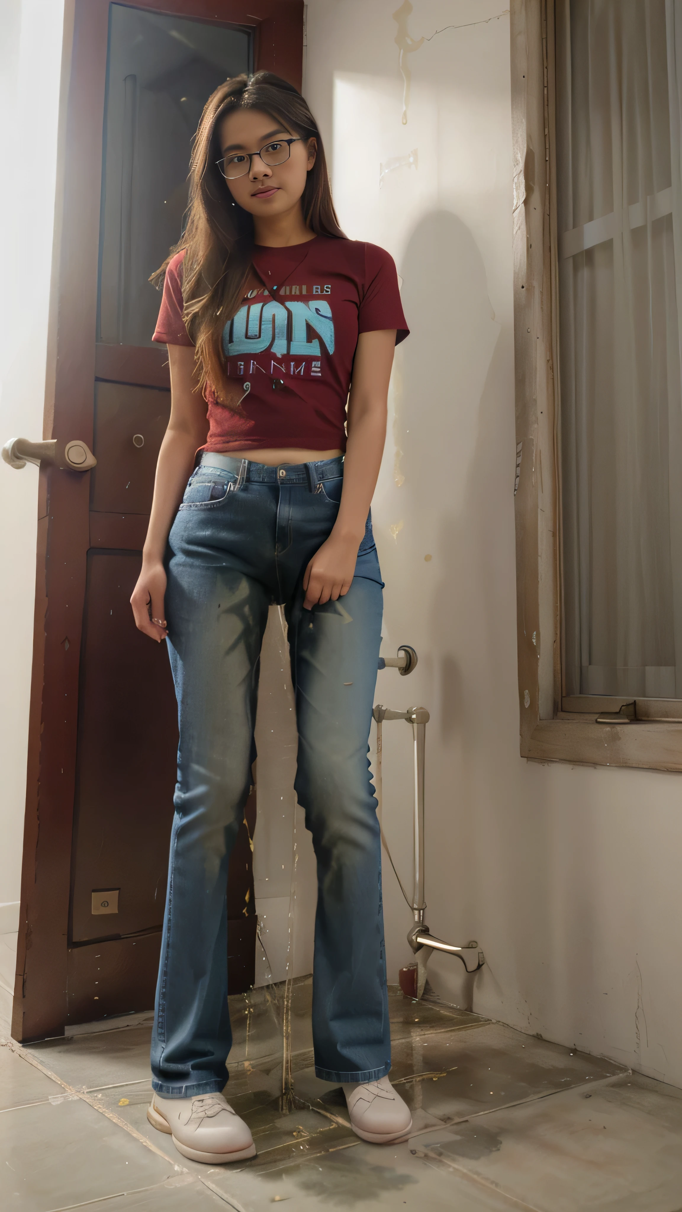 "Girl with malay face, 21yo, near the outer door, light blue jeans, maroon red t-shirt, glasses, peeing, (urination:1.5), medium: oil painting, realistic:1.37, best quality, ultra-detailed, studio lighting, vivid colors, physcially-based rendering."