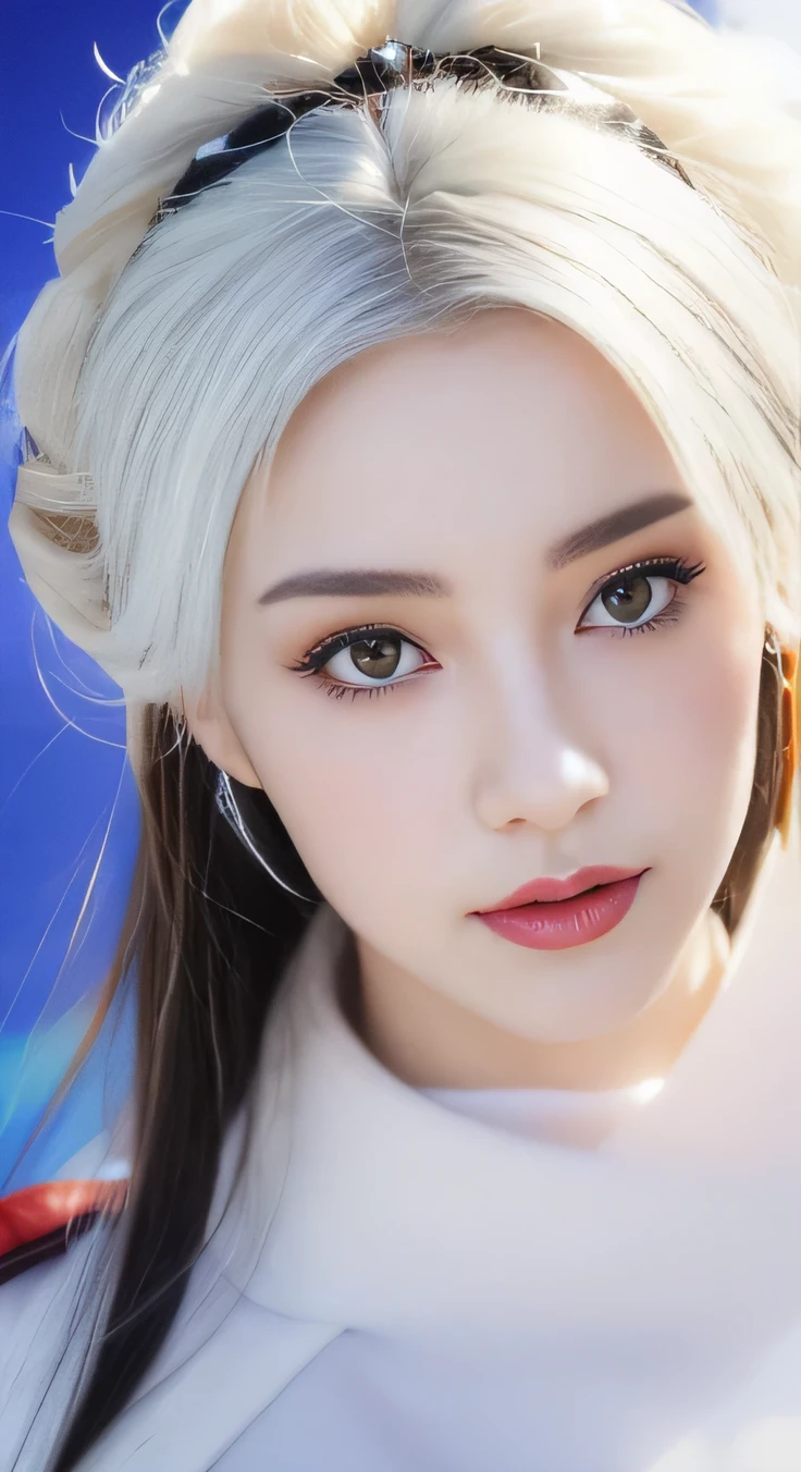 (from above), (dynamic poses), (((White cloud background))), (((high saturation))), ((Surrounded by splashes of color))) (original photo, best quality), (actual, Photo fidelity: 1.3), best quality, Very detailed, masterpiece, Ultra-detailed, illustration, (1 girl: 1.3), (8K, original photo, best quality, Master Pletzer), (photon mapping, Radiometry, Physically based rendering, Auto white balance), Super detailed, Beautiful and beautiful, fair, masterpiece, best quality, Close-up of a woman with white hair and white mask, fair figure painting, Gurwitz, Gurwitz style artwork, White-haired God, Yang Jian, Epic and beautiful character art, Stunning character art, FAN Qi, Wu Zhun Shifan, Gu Vitz from Pixiv Art Site, Many colors, Upper body,