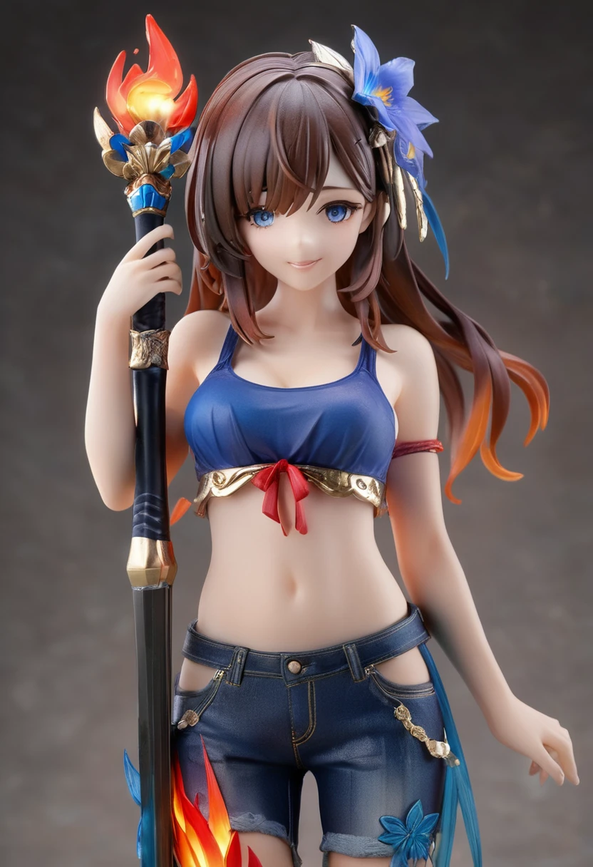 (masterpiece,best quality,ultra detailed,extremely detailed,absolutely resolution,absurdres,8k:1.5),1girl, (holding flame-sword:1.5),(grin), (short-jeans,tanktop,midriff jacket), (solo), (full body:1.5), simple and flat background,  BREAK,(highly detailed face and eyes:1.5),(dark_skin:1.5),(tribal_tatoos:1.2),(wavy hairs),(long hairs),(messy hair),(asymmetry bangs),(dark brown hair, red streaked hair, blue streaked hair:1.5),(blue-eyes:1.5),(flower hair ornament:1.5),(Intricate Iris Details,Depth and Dimension in the Pupils:1.5),