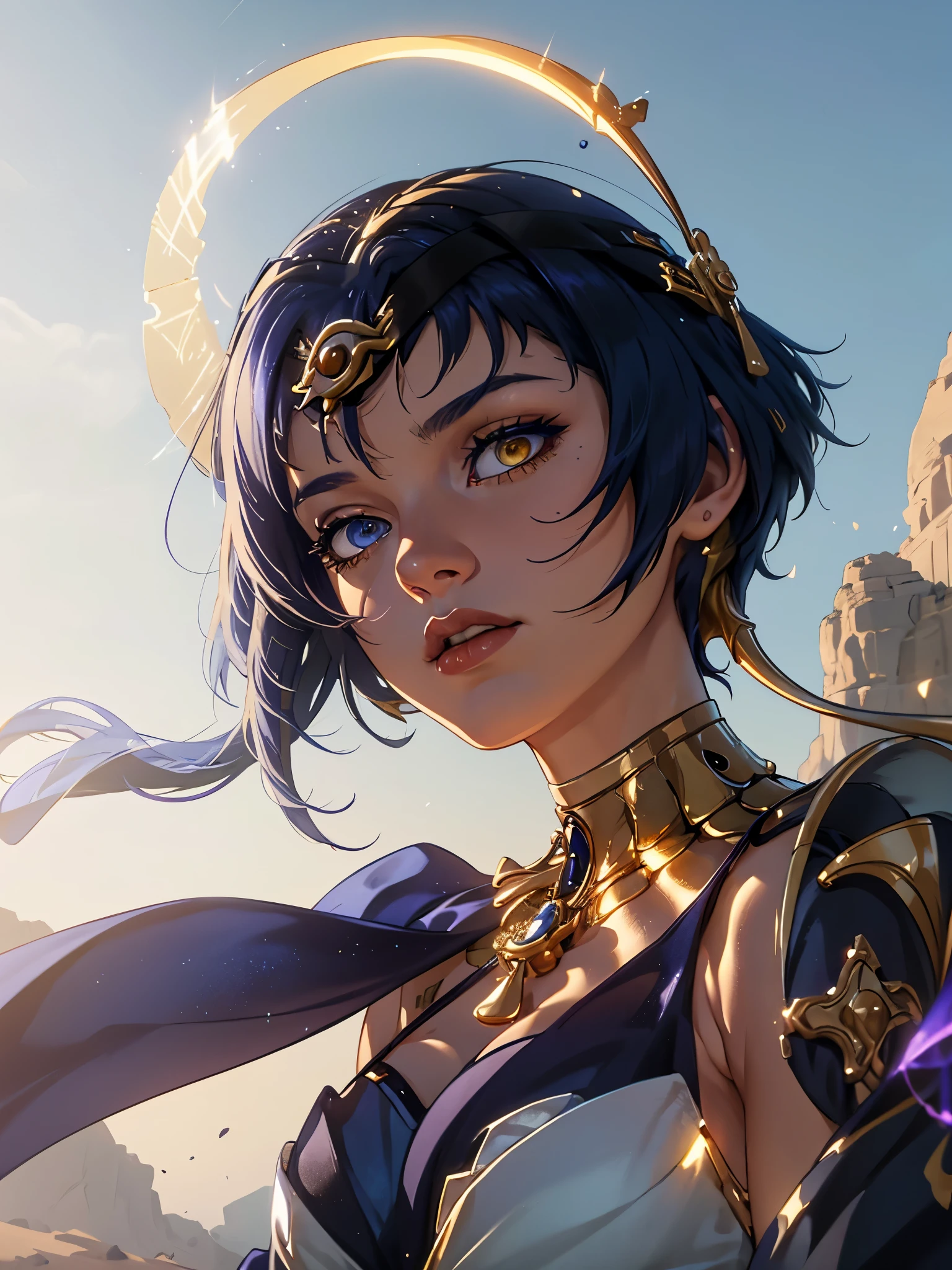 a woman in a gold costume with a crown on her head, blue hair. stunning cgsociety, trending in cgsociety, a stunning portrait of a goddess, beautiful cleopatra, cgsociety ), cgsociety 4k, cgsociety 4 k, cgsociety contest winner, goddess. extremely high detail, cgsociety 8k, cgsociety 8k, cgsociety 8 k, short blue hair, heterochromia blue and yellow eyes, gold collar, in the desert in front of pyramids, dramatic light, cinematic shot, movie poster, epic