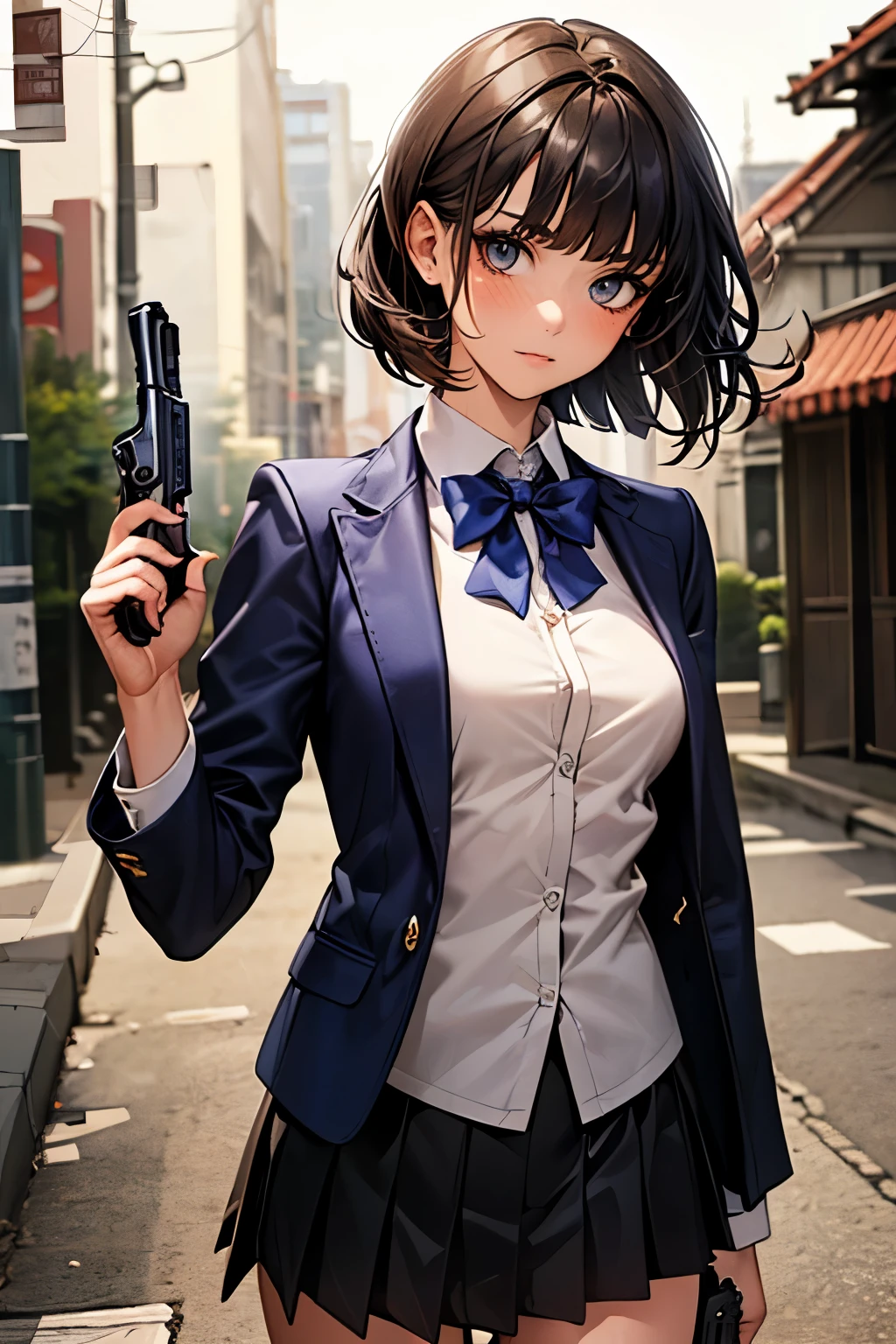 (((Depict one accurate and precise automatic pistol:1.7))),(((perfect anatomy,realistic:1.4,RAW Photography:1.4,masterpiece、highest quality、Ultra - High resolution、High resolution、Highly detailed CG、8K))),cowboy shot,1 female,solo、18 year old beauty,Japanese,((beautiful detailed face and eyes:1.3,big gorgeous eyes:1.3,gray eyes)),black hair,short bob hair,blunt bangs,blush,(medium breasts,slender body,small head:1.3,skinny),(gleaming skin:1.4,oily skin,shiny skin),(School uniform、Black blazer、navy blue bow tie、Pleated black mini skirt)、((holding 1 handgun:1.7))、Back Alley、A deserted street、Tokyo、at night、moonlight,