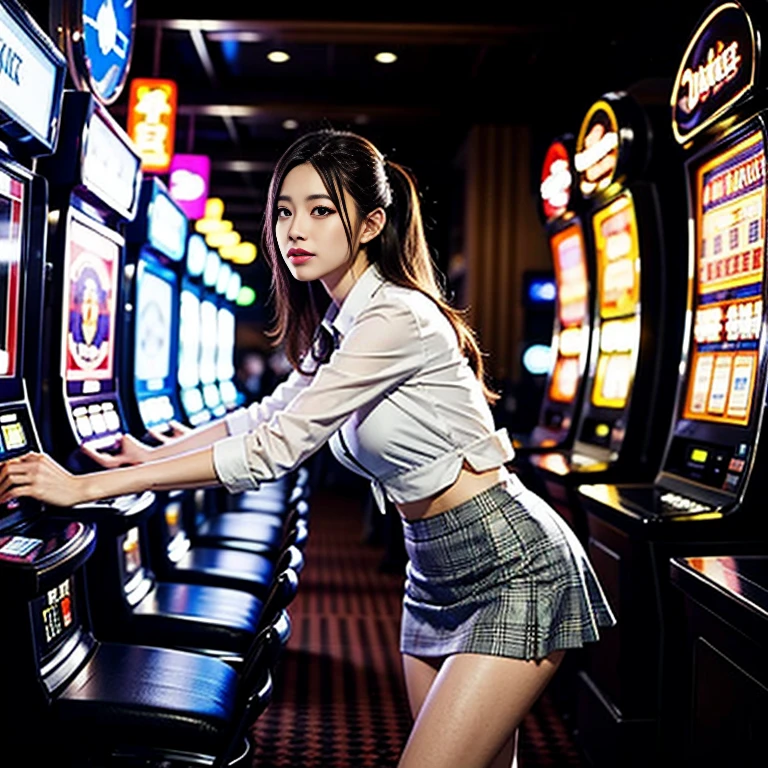 Young beautiful woman、Shooting from below、Peeking into a miniskirt、(Top quality white panties)、(White Shirt、tie、Tartan check mini skirt)、Casino Clerk、In an aisle lined with slot machines