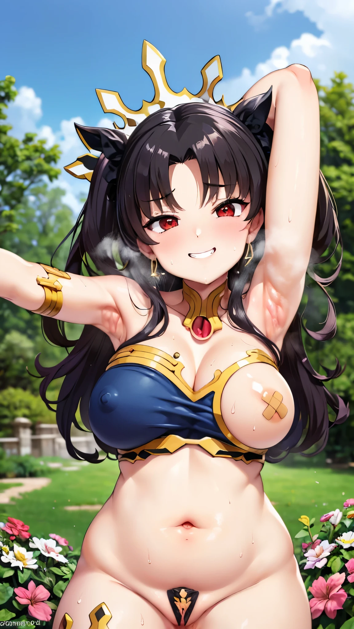 ishtar,fate grand order,(absurderes, 8K, 4K, masutepiece, hyper extreme detailed:1.2), Best Quality, Perfect Anatomy,Perfect face,Facing forward,High humidity,(solo:1.2),(Sweaty:1.3),(chubby:1.3),shortness of breath,High humidity,Steamy,(Black Hair:1.1),Red eyes,in the garden,looking at the camera,(grin:1.4),arm up,(Thick armpit hair:1.1),Very big ,Acme,Cum in mouth,(A bandaid is placed on a woman&#39;s genitals:1.3),(She has bandaids on her nipples:1.3)