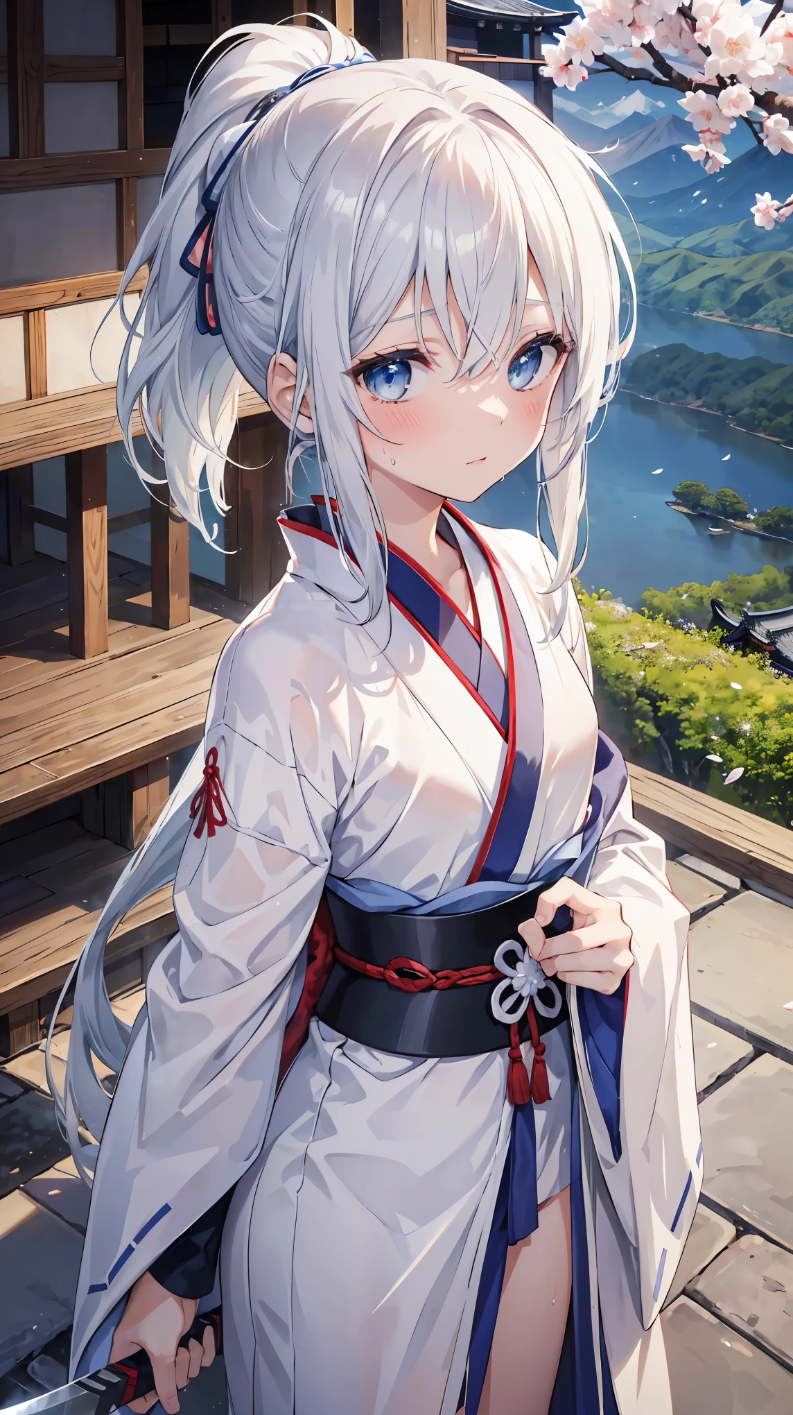 ,girl,Best image quality,,Silver Hair,,blue eyes, White skin,,Long Hair,ponytail,Half,,Wet with sweat,sword,naked,,kimono,Similarly,armor,Fuji Mountain,,Cherry tree,SakuraFubuki,small,,,